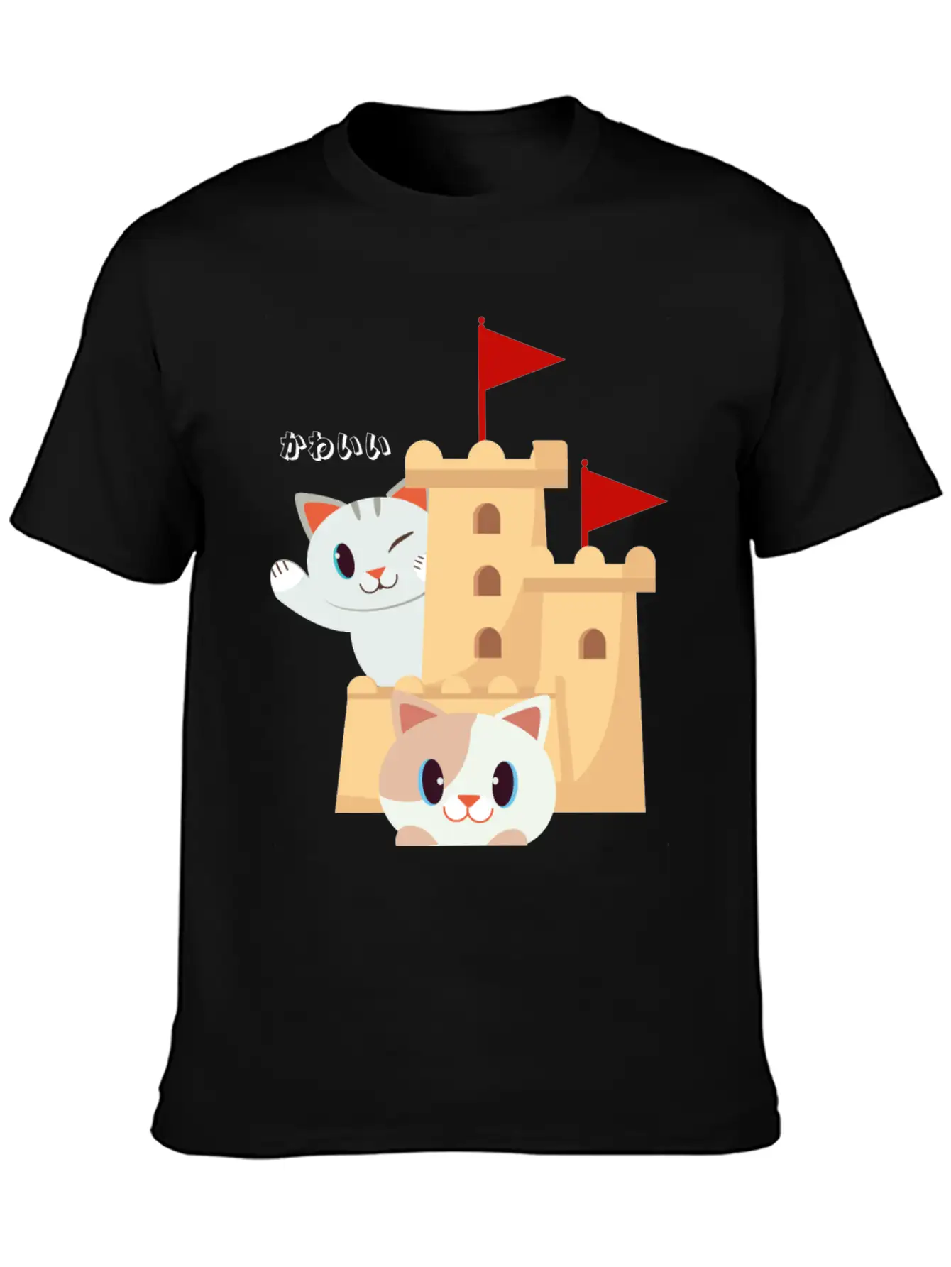 Cute Cat Built Sand Castle Unisex Short Sleeve Soft Cotton T-Shirt – Casual Everyday Wear