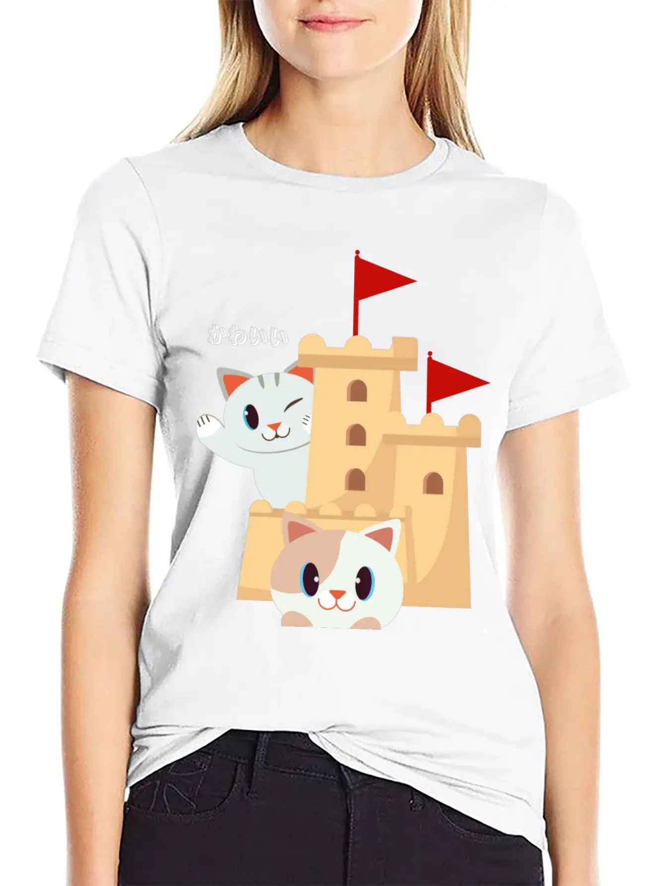 Cute Cat Built Sand Castle Unisex Short Sleeve Soft Cotton T-Shirt – Casual Everyday Wear