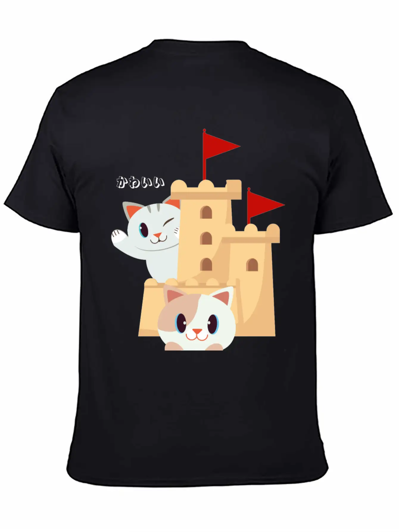 Cute Cat Built Sand Castle Unisex Short Sleeve Soft Cotton T-Shirt – Casual Everyday Wear
