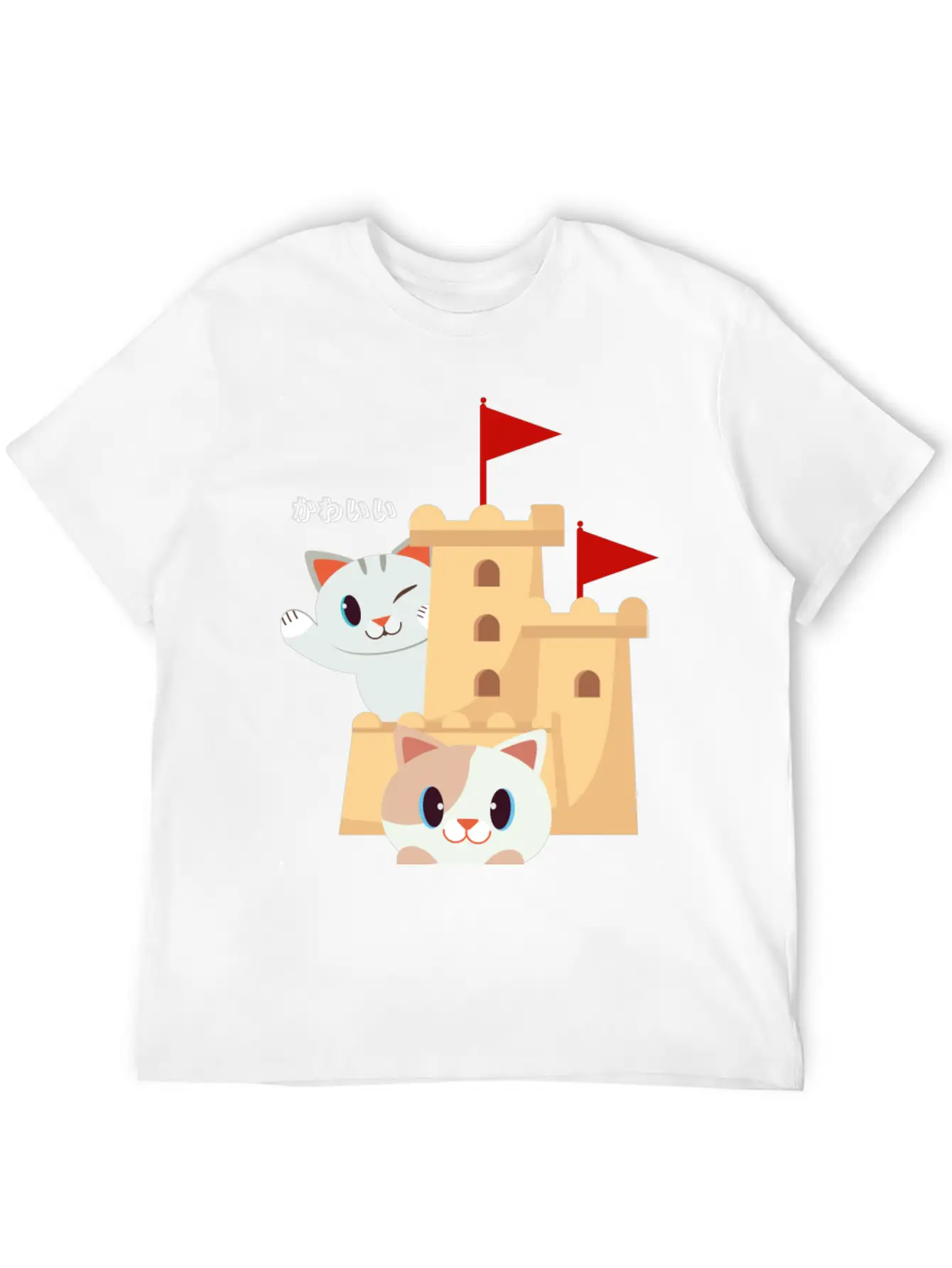 Cute Cat Built Sand Castle Unisex Short Sleeve Soft Cotton T-Shirt – Casual Everyday Wear
