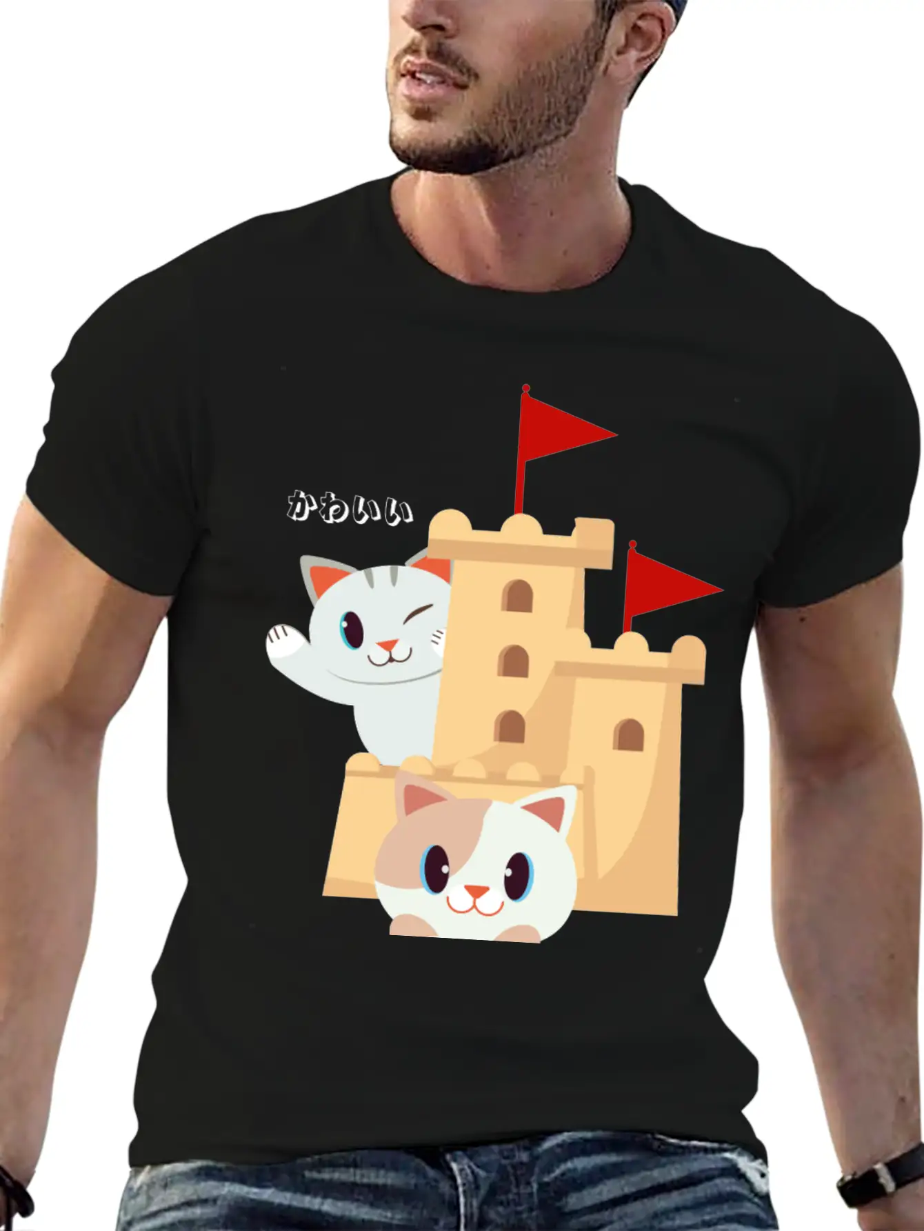 Cute Cat Built Sand Castle Unisex Short Sleeve Soft Cotton T-Shirt – Casual Everyday Wear