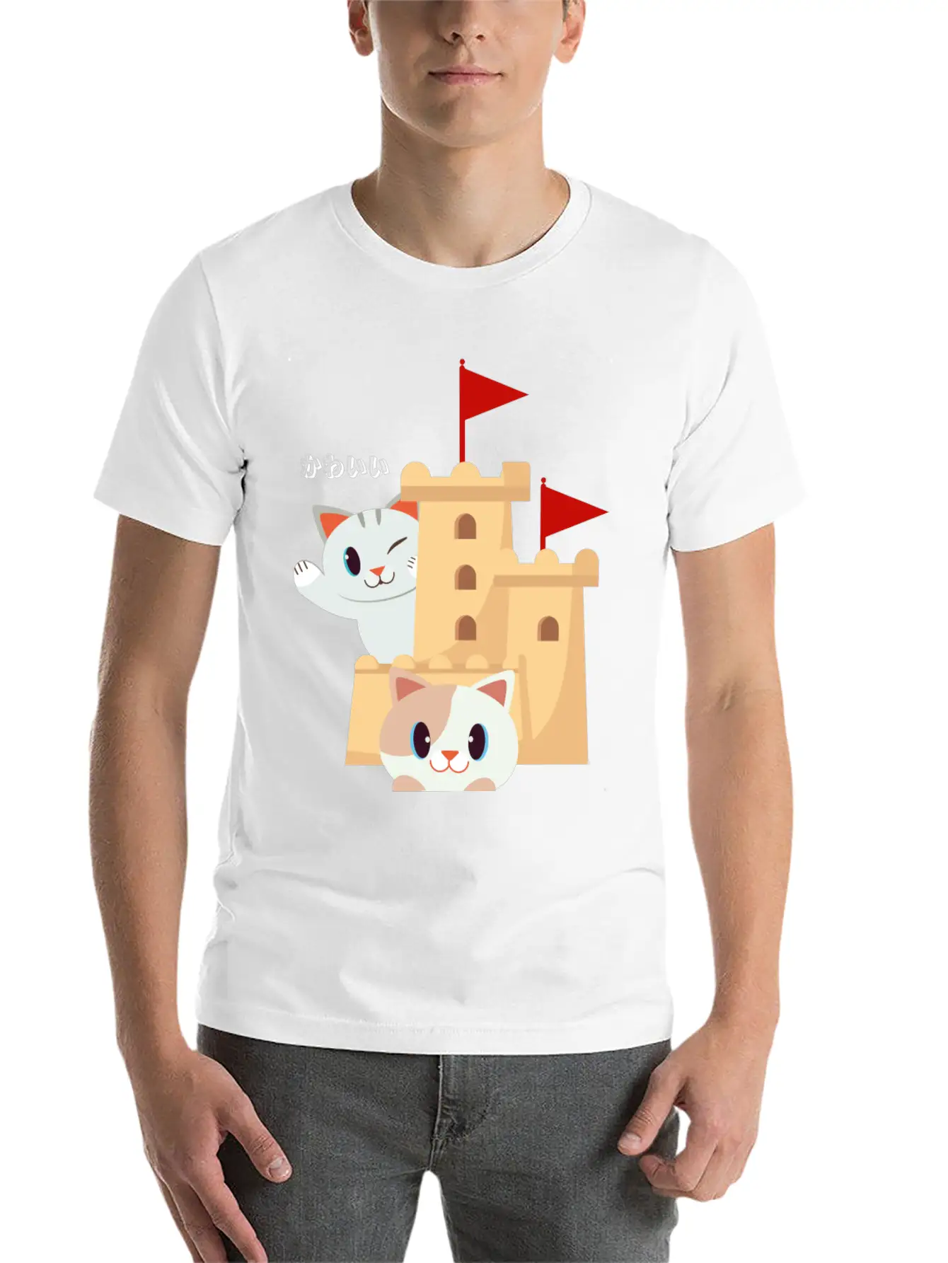 Cute Cat Built Sand Castle Unisex Short Sleeve Soft Cotton T-Shirt – Casual Everyday Wear