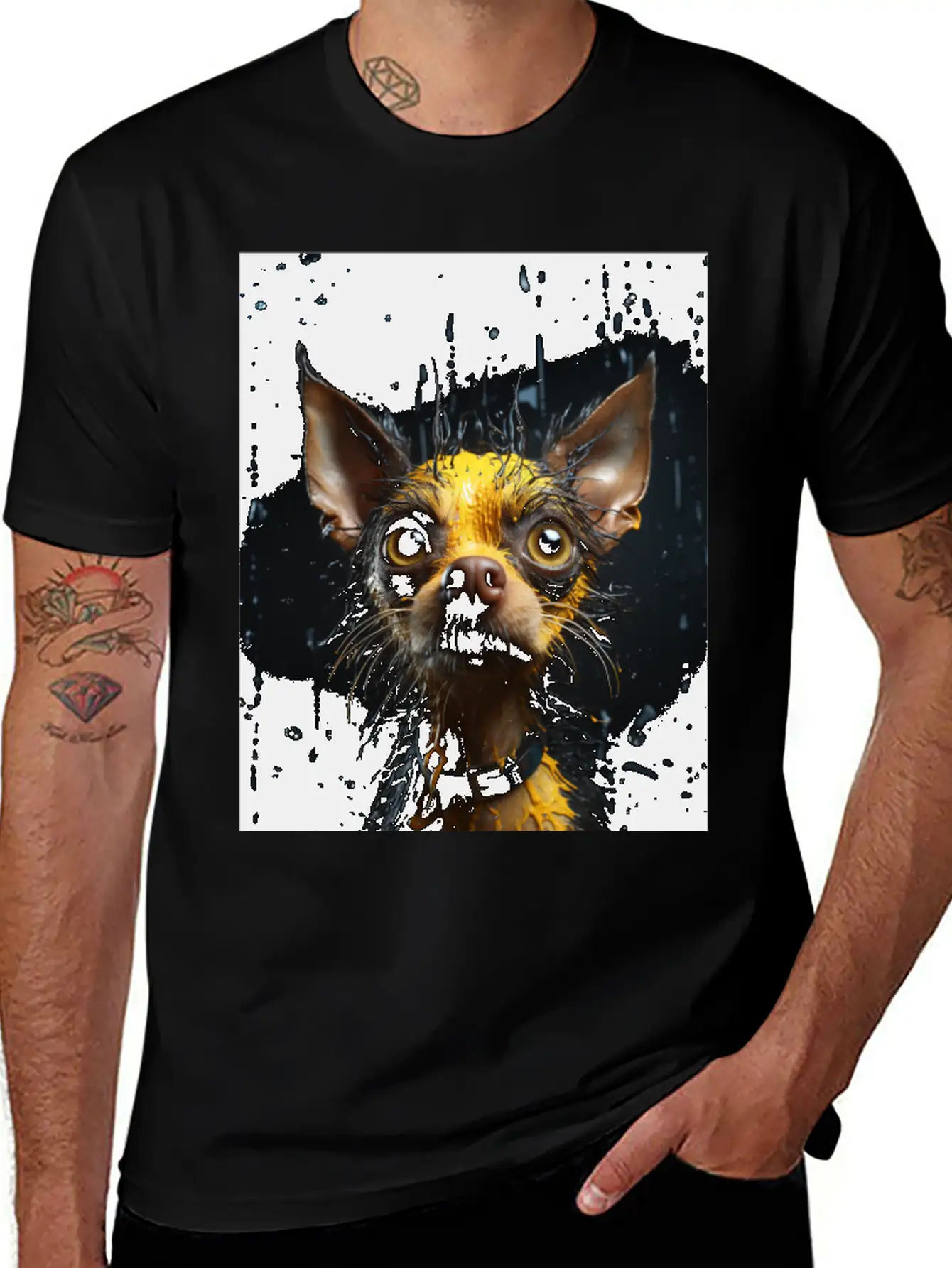 Cute Chihuahua In Yellow Surreal Rain Stylish Everyday T-Shirt – Unisex Basic Cotton Tee