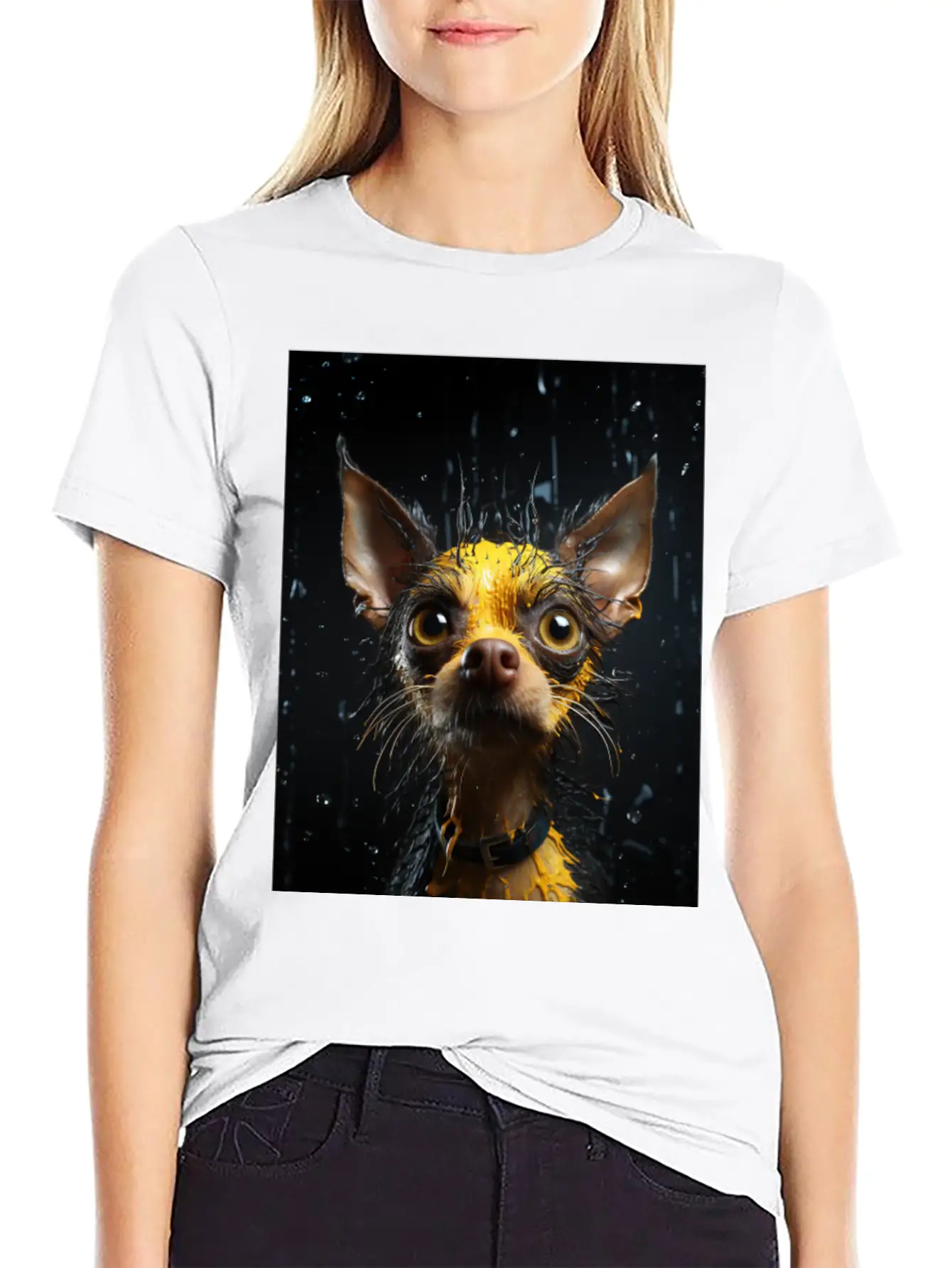 Cute Chihuahua In Yellow Surreal Rain Stylish Everyday T-Shirt – Unisex Basic Cotton Tee