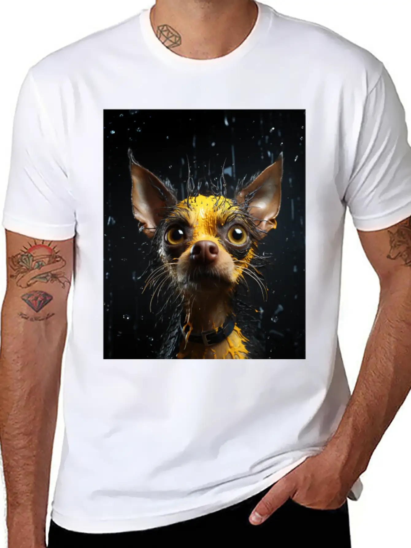Cute Chihuahua In Yellow Surreal Rain Stylish Everyday T-Shirt – Unisex Basic Cotton Tee