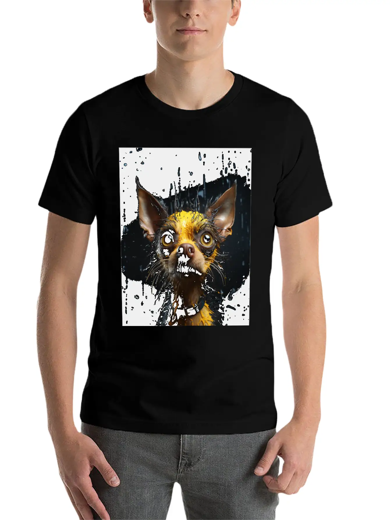 Cute Chihuahua In Yellow Surreal Rain Stylish Everyday T-Shirt – Unisex Basic Cotton Tee