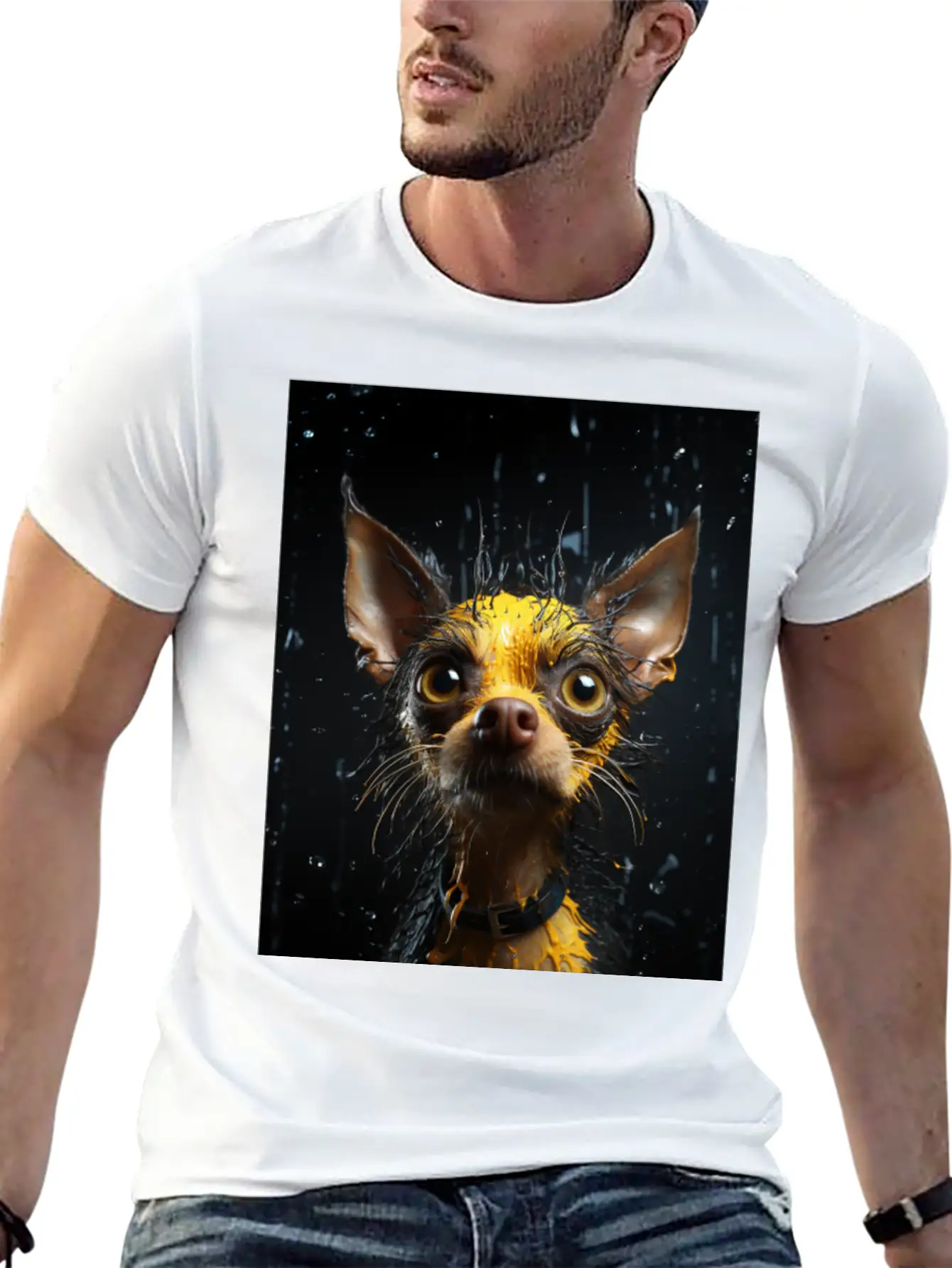 Cute Chihuahua In Yellow Surreal Rain Stylish Everyday T-Shirt – Unisex Basic Cotton Tee