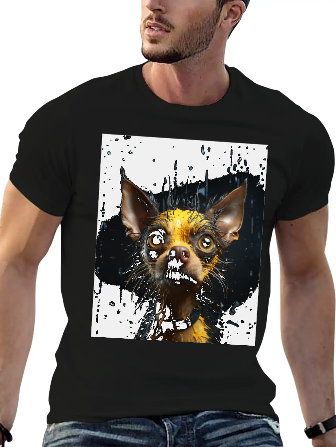 Cute Chihuahua In Yellow Surreal Rain Stylish Everyday T-Shirt – Unisex Basic Cotton Tee