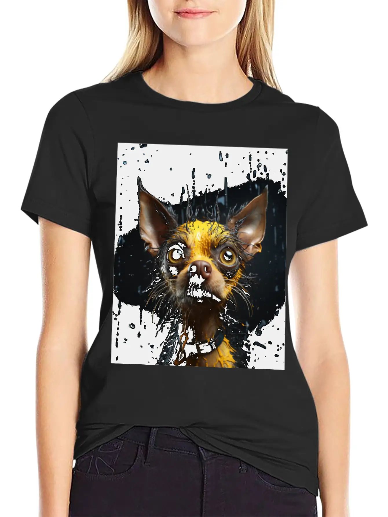 Cute Chihuahua In Yellow Surreal Rain Stylish Everyday T-Shirt – Unisex Basic Cotton Tee