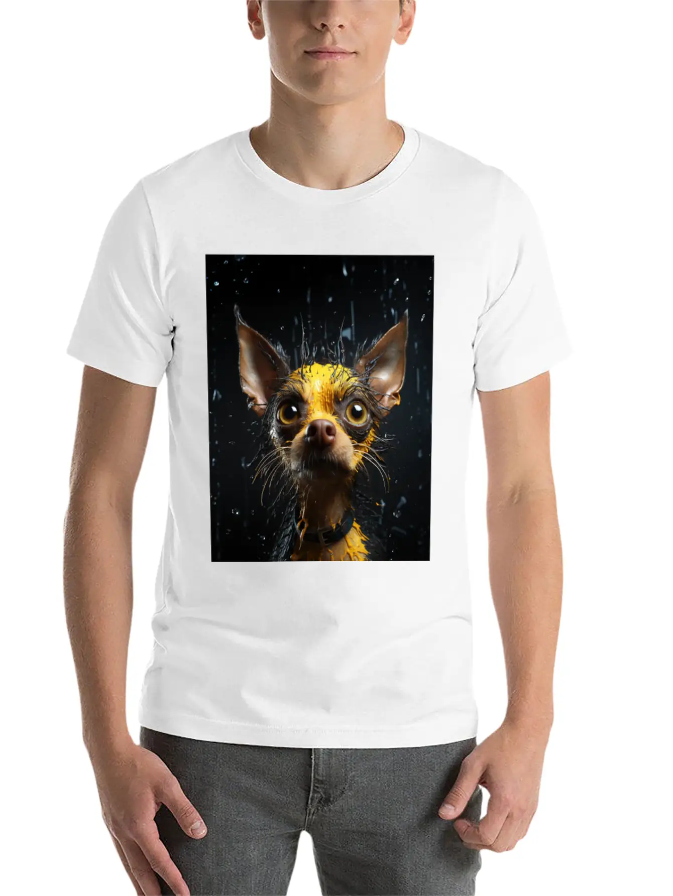 Cute Chihuahua In Yellow Surreal Rain Stylish Everyday T-Shirt – Unisex Basic Cotton Tee