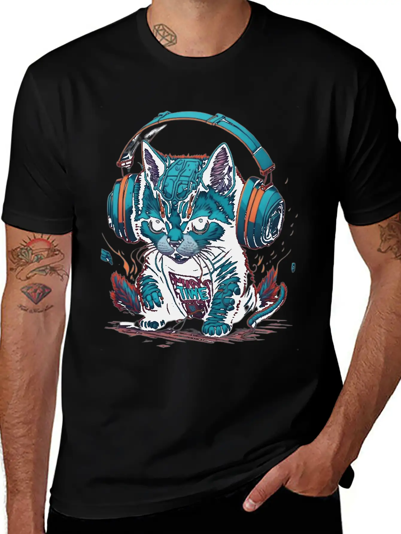 Cute & Cyber Cat Wearing Blue Headphones Stylish Everyday T-Shirt – Unisex Basic Cotton Tee