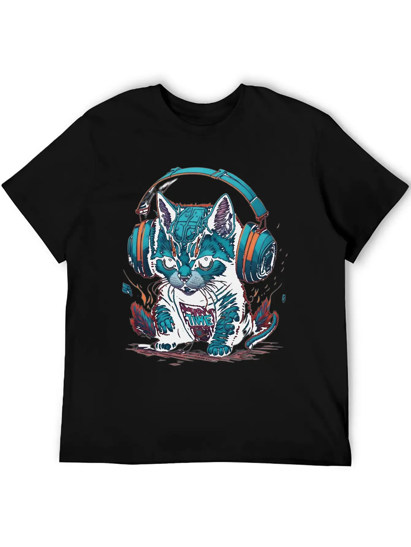 Cute & Cyber Cat Wearing Blue Headphones Stylish Everyday T-Shirt – Unisex Basic Cotton Tee