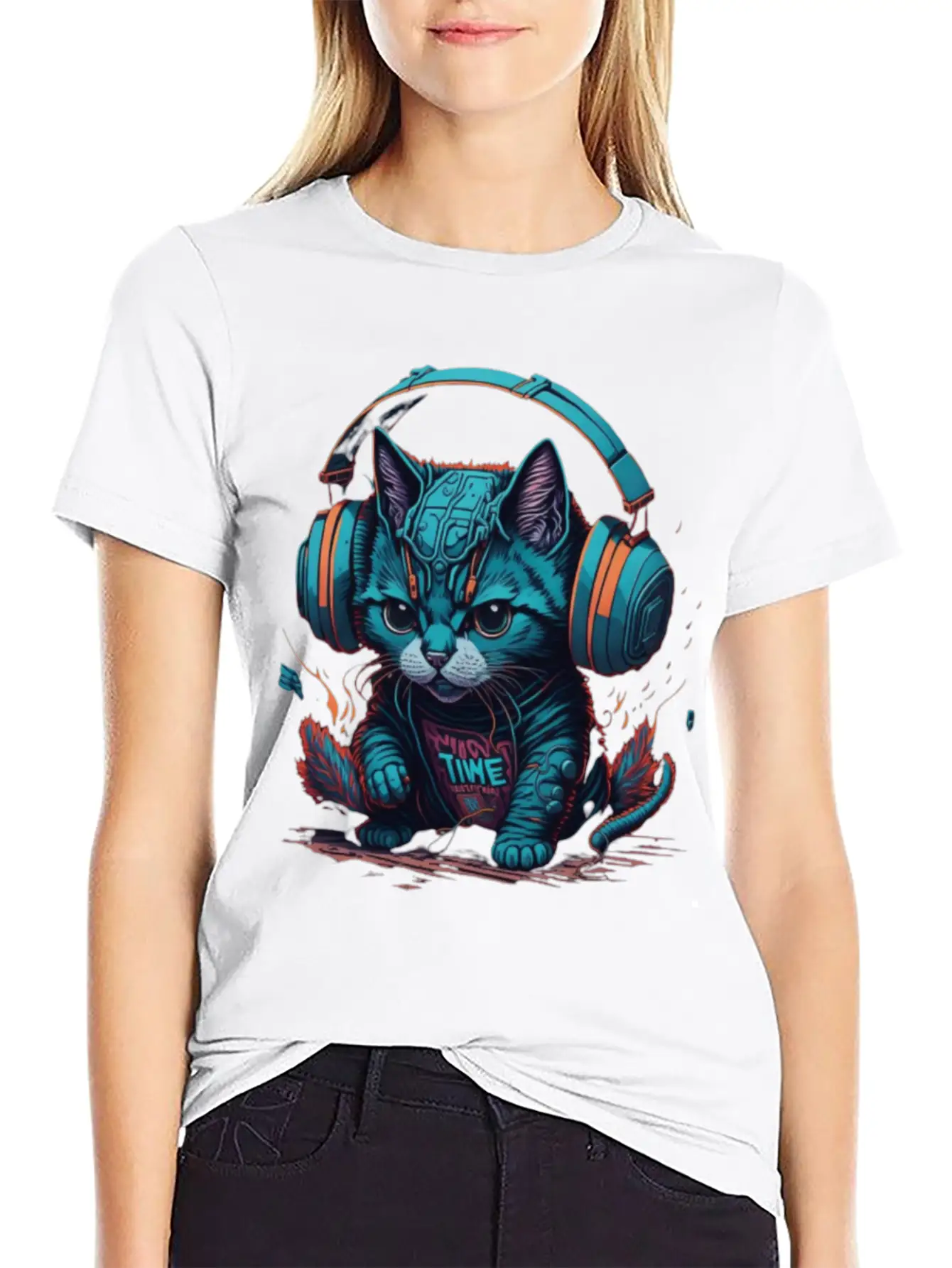 Cute & Cyber Cat Wearing Blue Headphones Stylish Everyday T-Shirt – Unisex Basic Cotton Tee