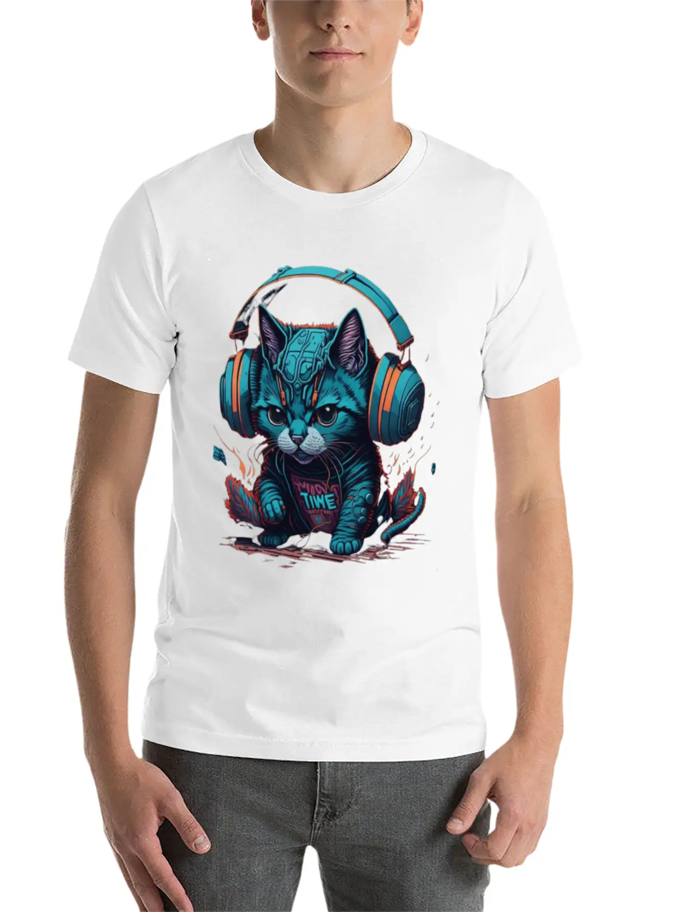 Cute & Cyber Cat Wearing Blue Headphones Stylish Everyday T-Shirt – Unisex Basic Cotton Tee