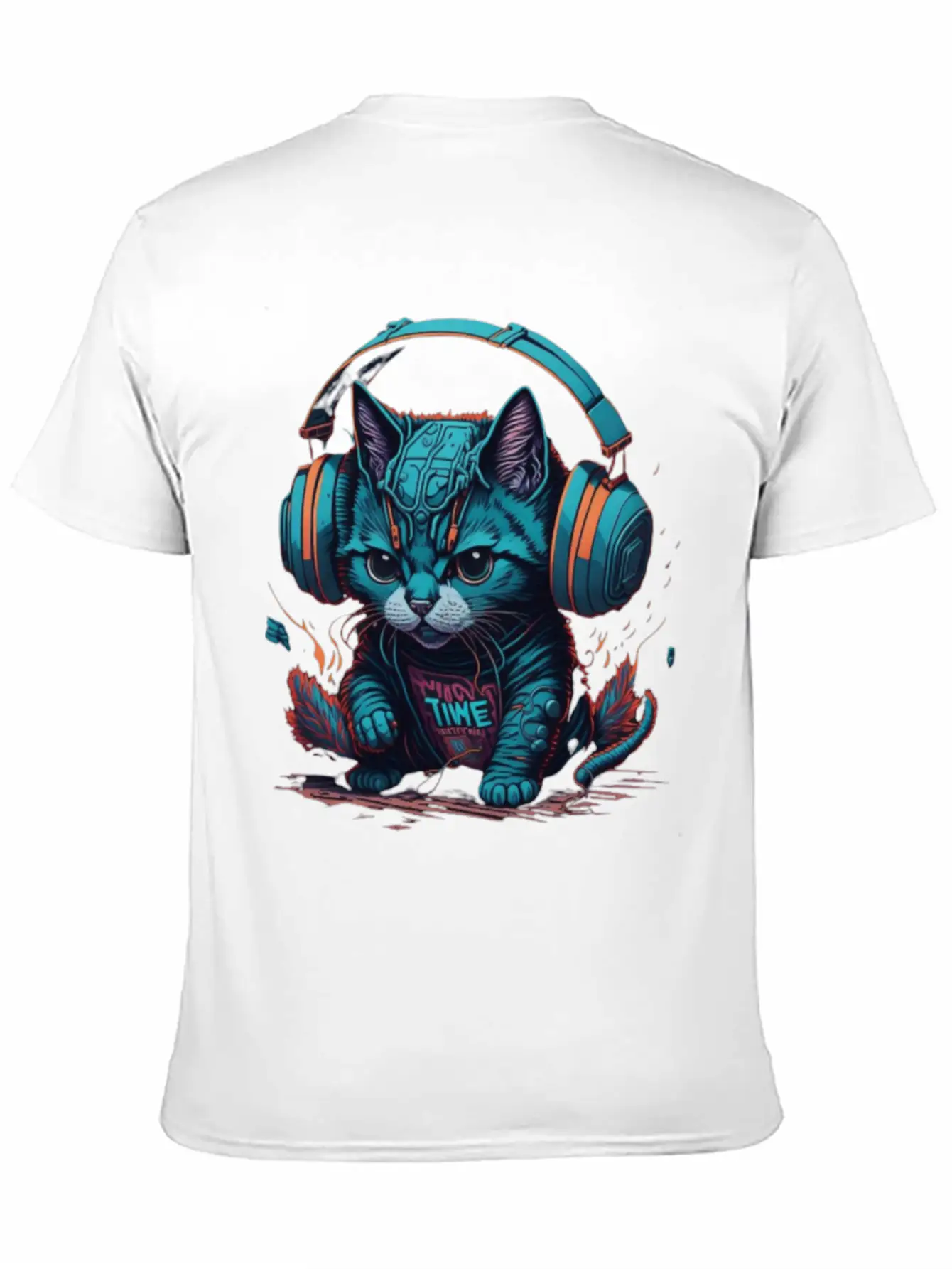 Cute & Cyber Cat Wearing Blue Headphones Stylish Everyday T-Shirt – Unisex Basic Cotton Tee