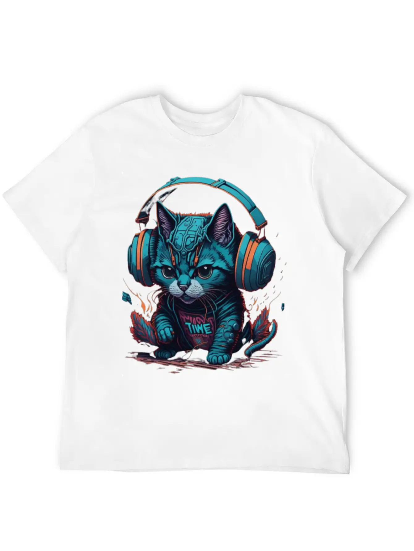 Cute & Cyber Cat Wearing Blue Headphones Stylish Everyday T-Shirt – Unisex Basic Cotton Tee