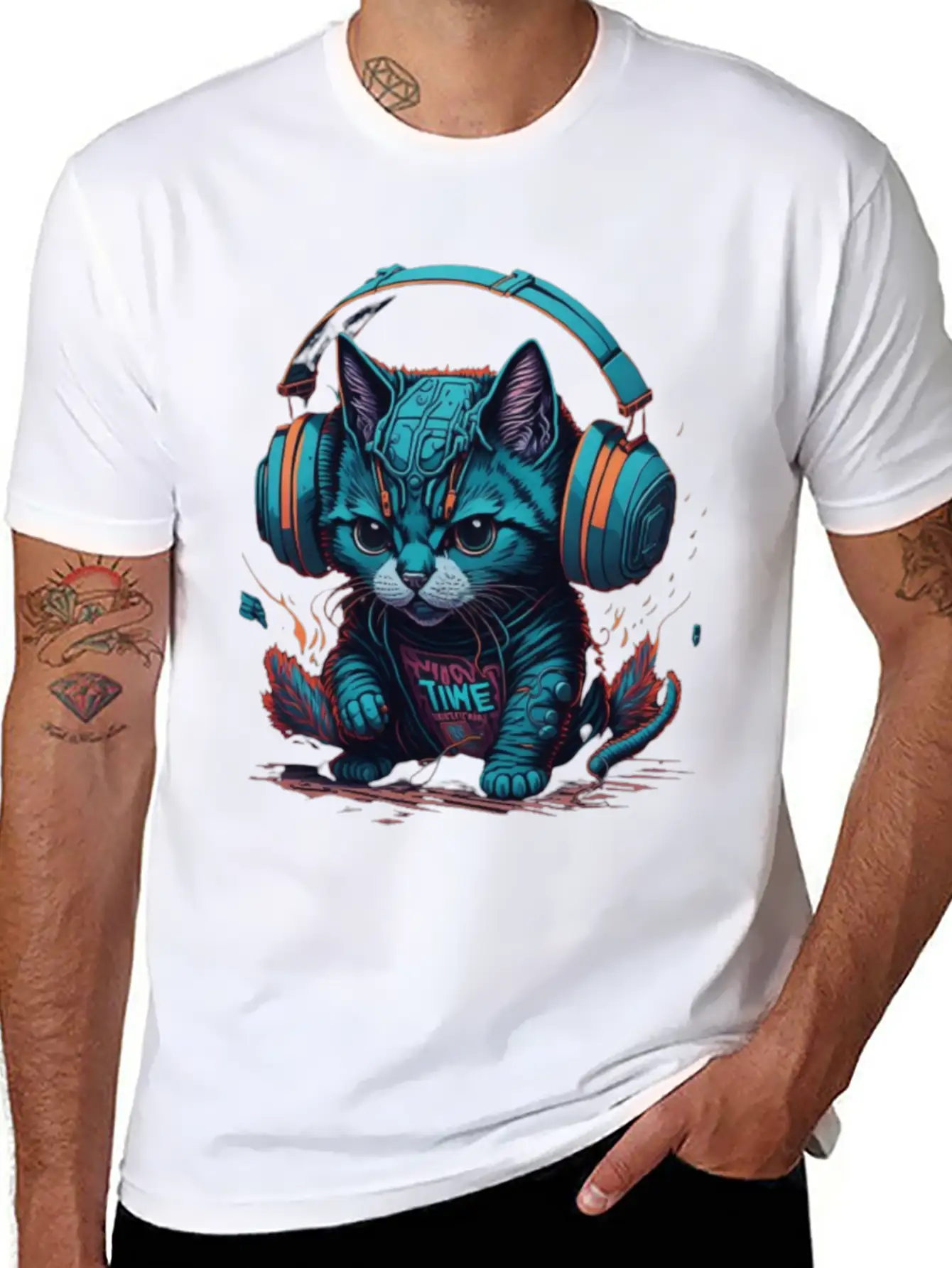 Cute & Cyber Cat Wearing Blue Headphones Stylish Everyday T-Shirt – Unisex Basic Cotton Tee