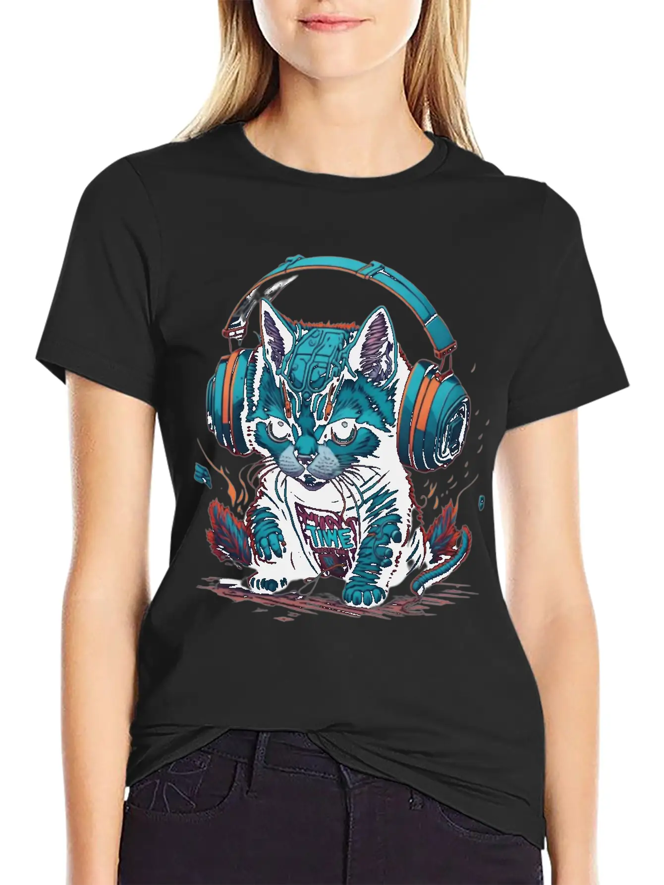 Cute & Cyber Cat Wearing Blue Headphones Stylish Everyday T-Shirt – Unisex Basic Cotton Tee