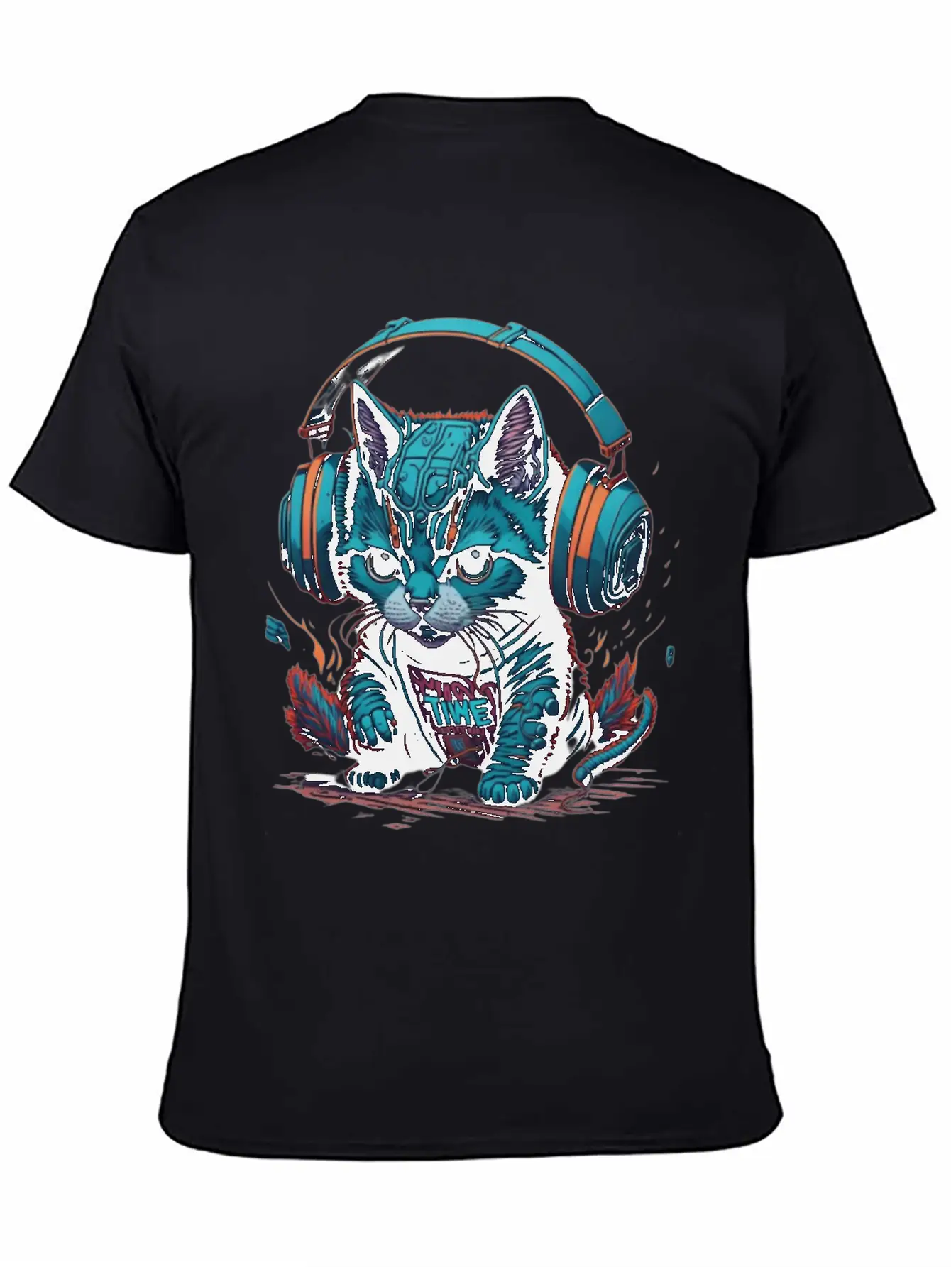Cute & Cyber Cat Wearing Blue Headphones Stylish Everyday T-Shirt – Unisex Basic Cotton Tee