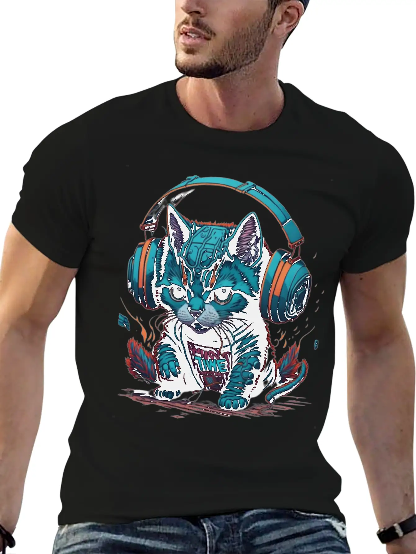 Cute & Cyber Cat Wearing Blue Headphones Stylish Everyday T-Shirt – Unisex Basic Cotton Tee