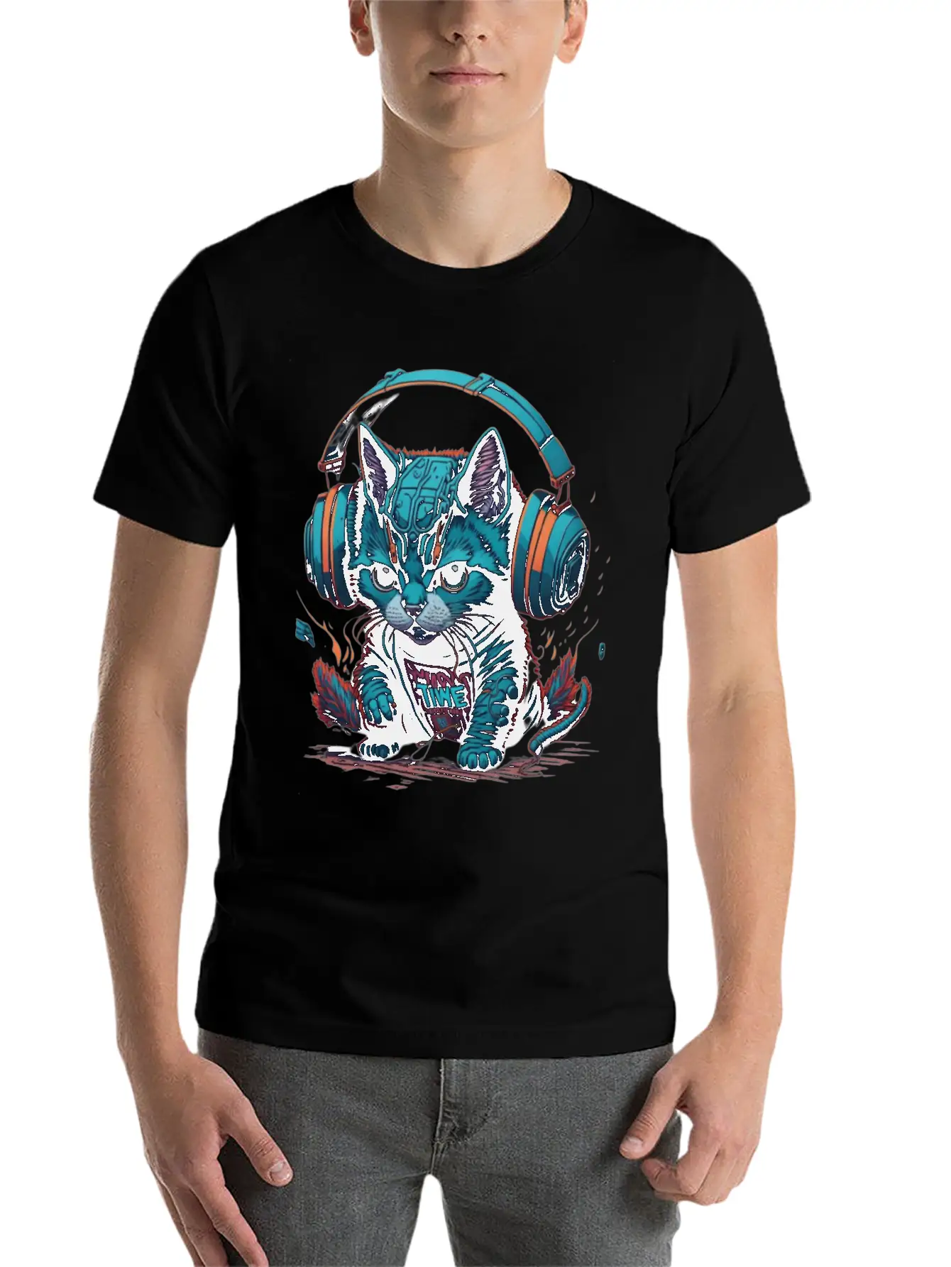 Cute & Cyber Cat Wearing Blue Headphones Stylish Everyday T-Shirt – Unisex Basic Cotton Tee
