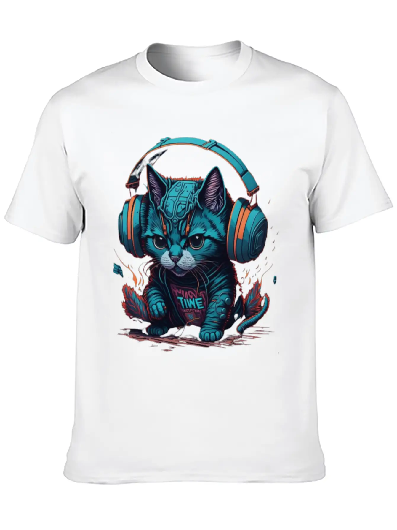 Cute & Cyber Cat Wearing Blue Headphones Stylish Everyday T-Shirt – Unisex Basic Cotton Tee