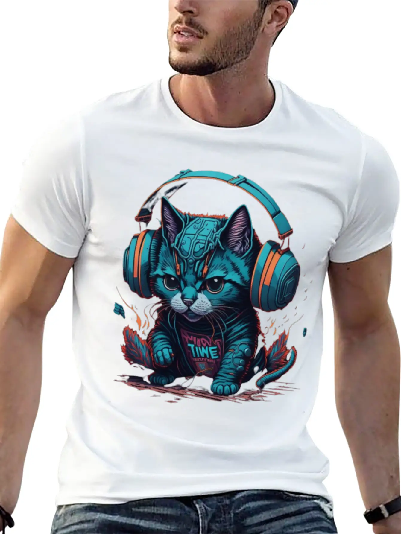 Cute & Cyber Cat Wearing Blue Headphones Stylish Everyday T-Shirt – Unisex Basic Cotton Tee