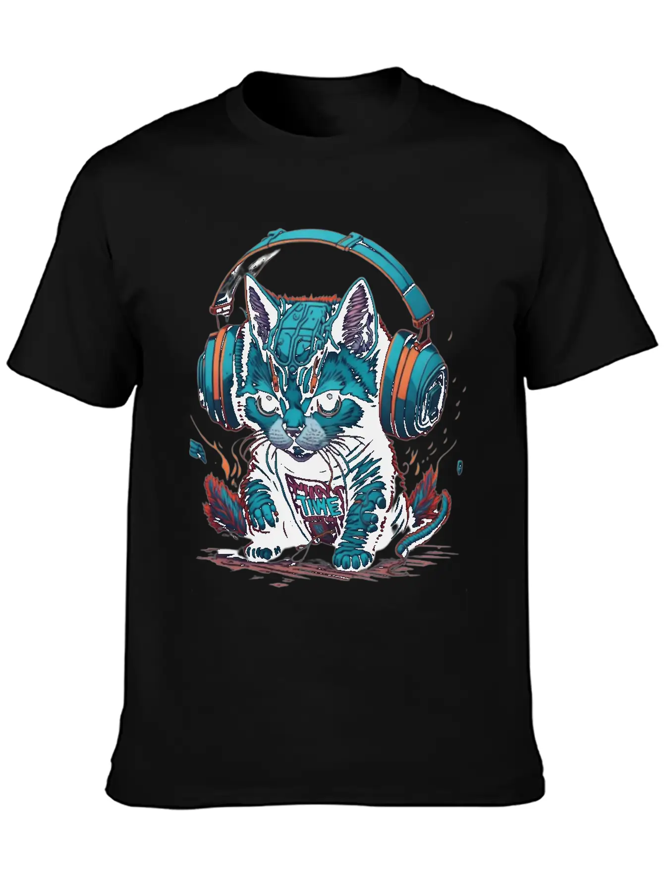 Cute & Cyber Cat Wearing Blue Headphones Stylish Everyday T-Shirt – Unisex Basic Cotton Tee