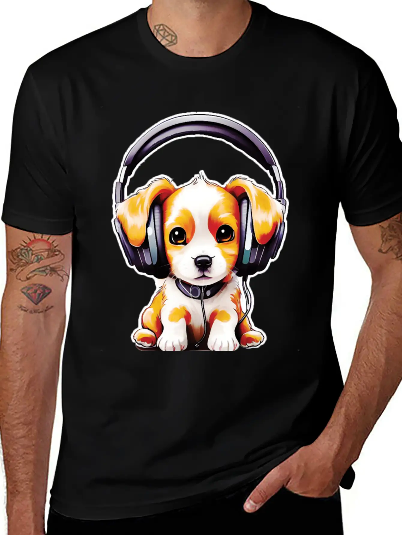 Cute Dog Wearing Headphones Stylish Everyday T-Shirt – Unisex Basic Cotton Tee