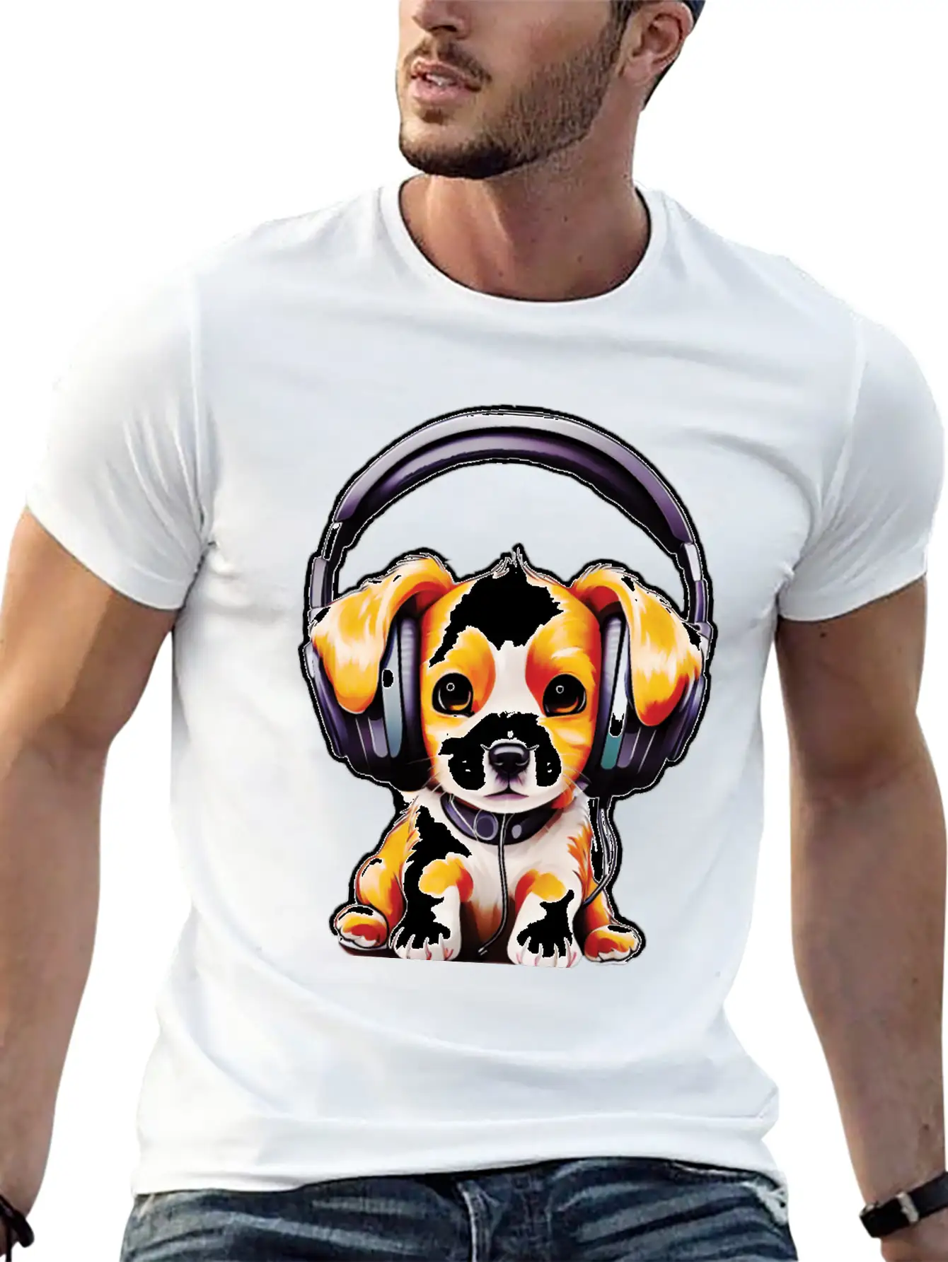 Cute Dog Wearing Headphones Stylish Everyday T-Shirt – Unisex Basic Cotton Tee