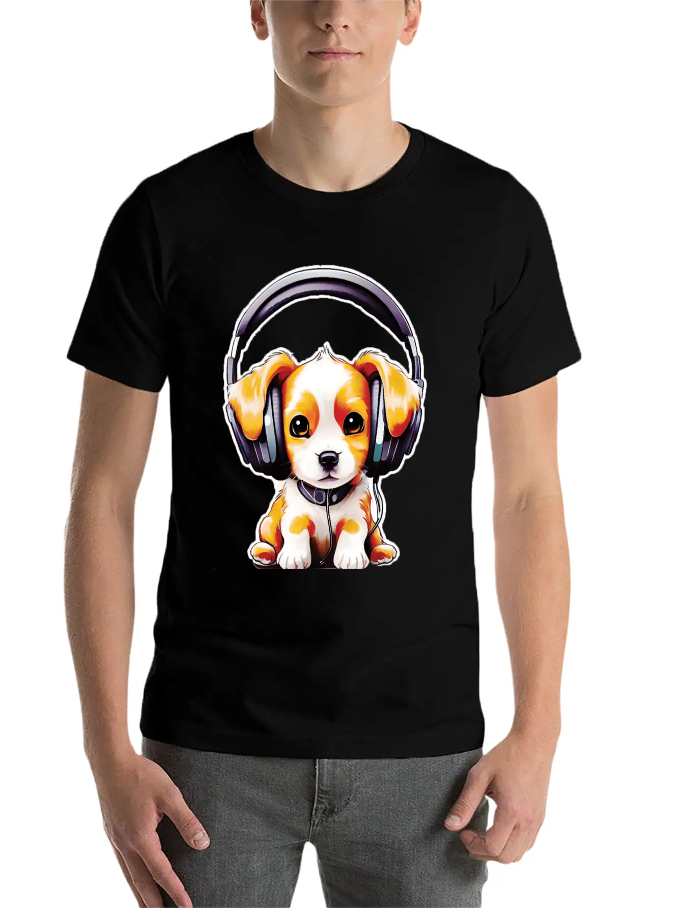 Cute Dog Wearing Headphones Stylish Everyday T-Shirt – Unisex Basic Cotton Tee