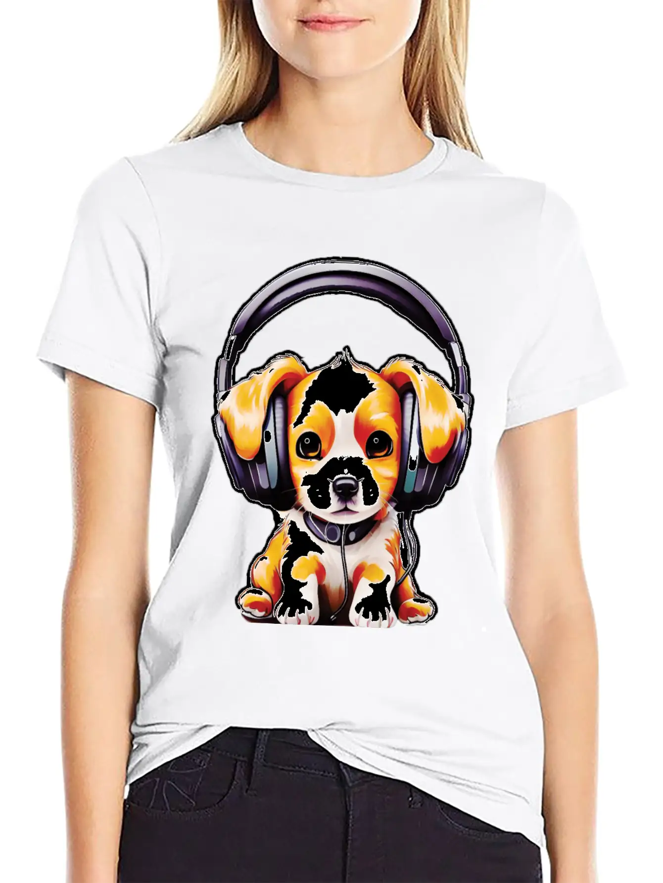 Cute Dog Wearing Headphones Stylish Everyday T-Shirt – Unisex Basic Cotton Tee