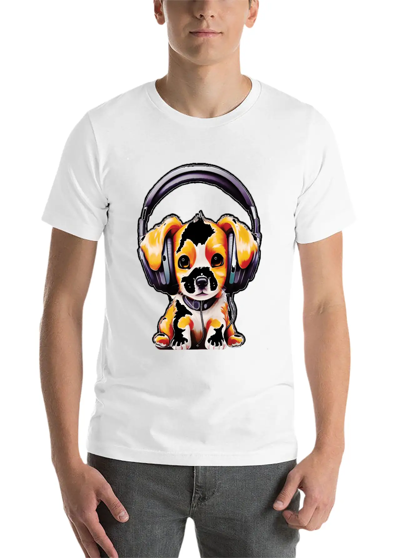 Cute Dog Wearing Headphones Stylish Everyday T-Shirt – Unisex Basic Cotton Tee