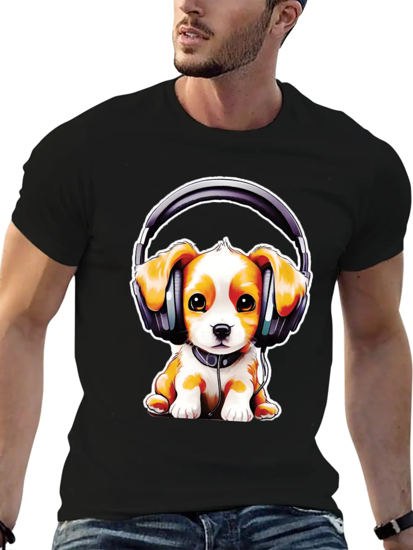 Cute Dog Wearing Headphones Stylish Everyday T-Shirt – Unisex Basic Cotton Tee
