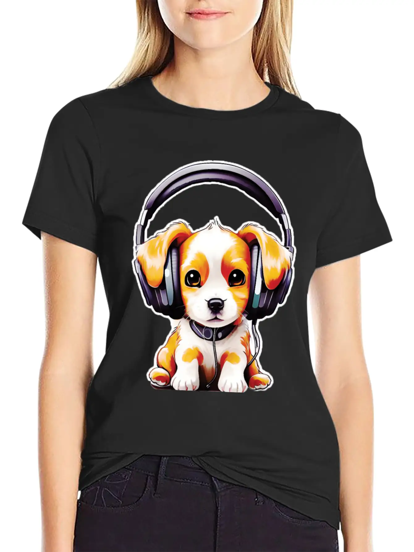 Cute Dog Wearing Headphones Stylish Everyday T-Shirt – Unisex Basic Cotton Tee
