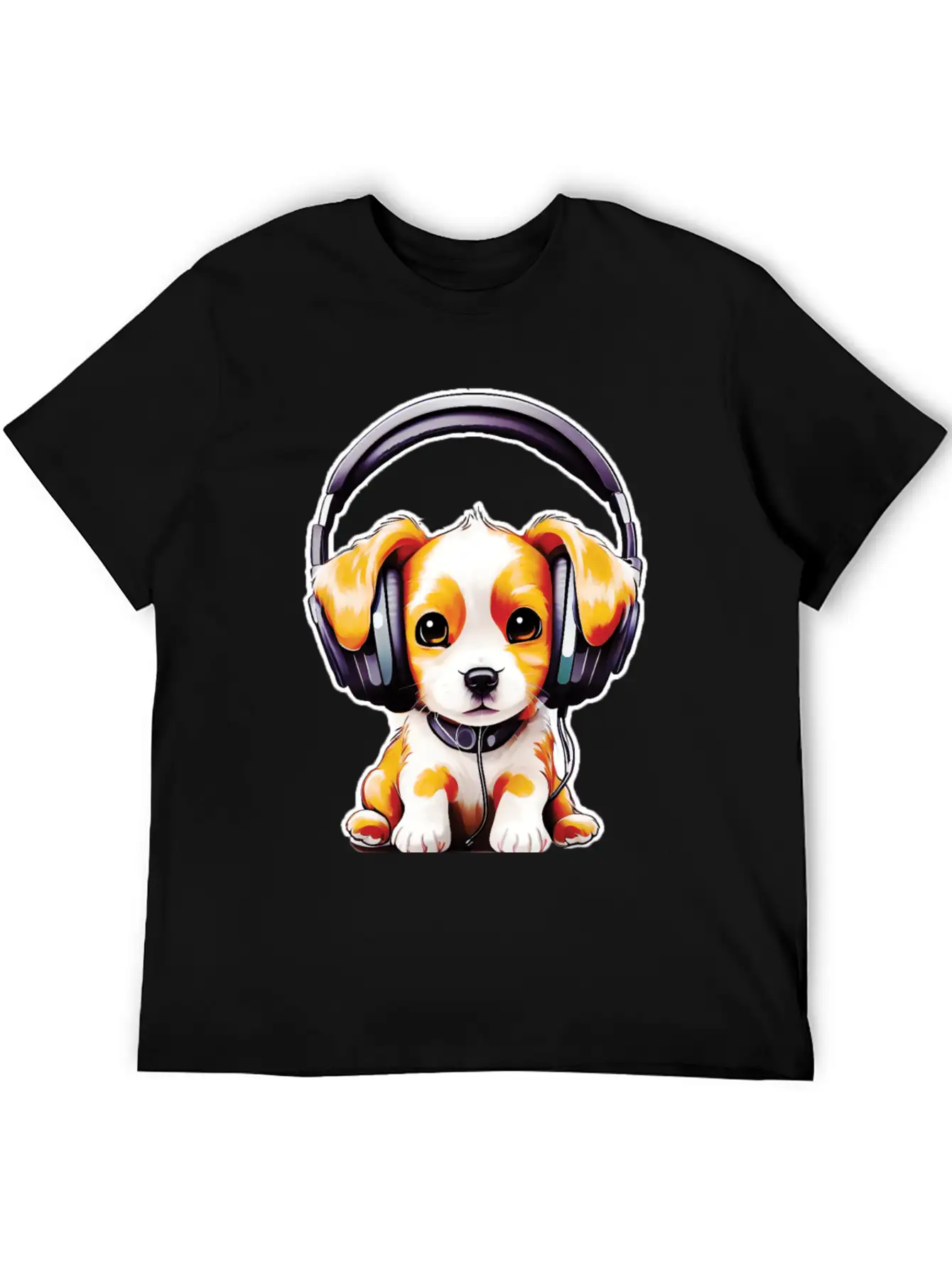 Cute Dog Wearing Headphones Stylish Everyday T-Shirt – Unisex Basic Cotton Tee