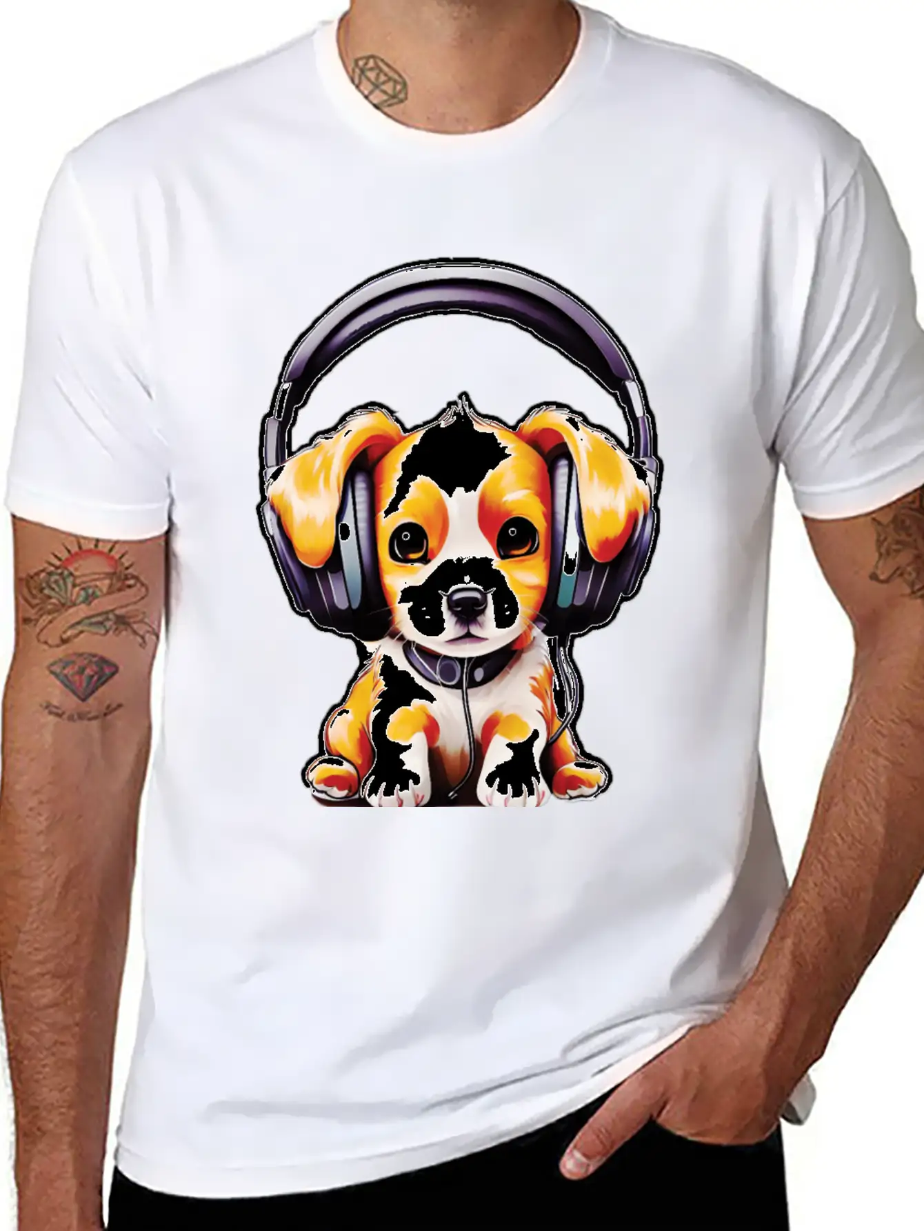 Cute Dog Wearing Headphones Stylish Everyday T-Shirt – Unisex Basic Cotton Tee