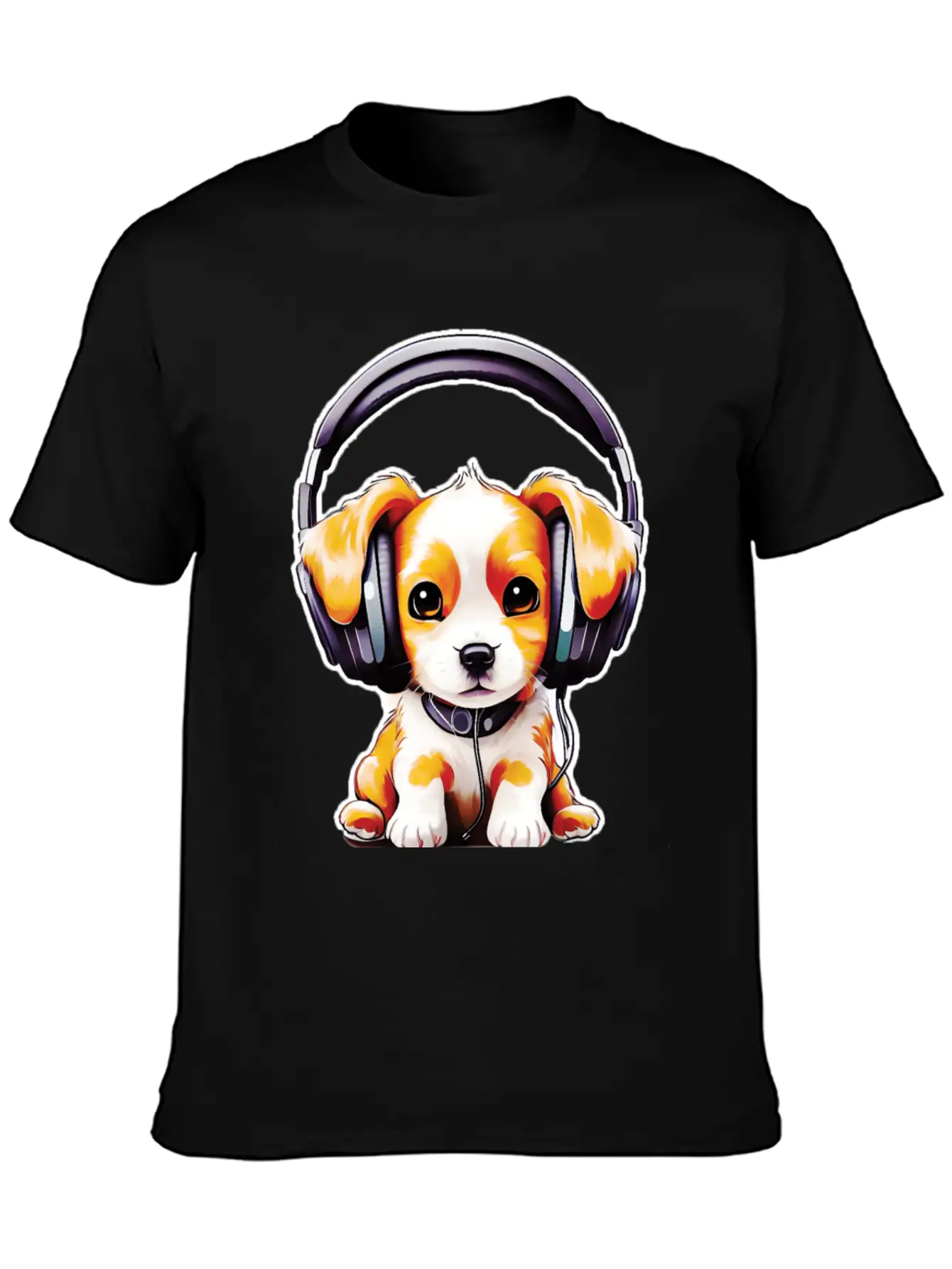 Cute Dog Wearing Headphones Stylish Everyday T-Shirt – Unisex Basic Cotton Tee