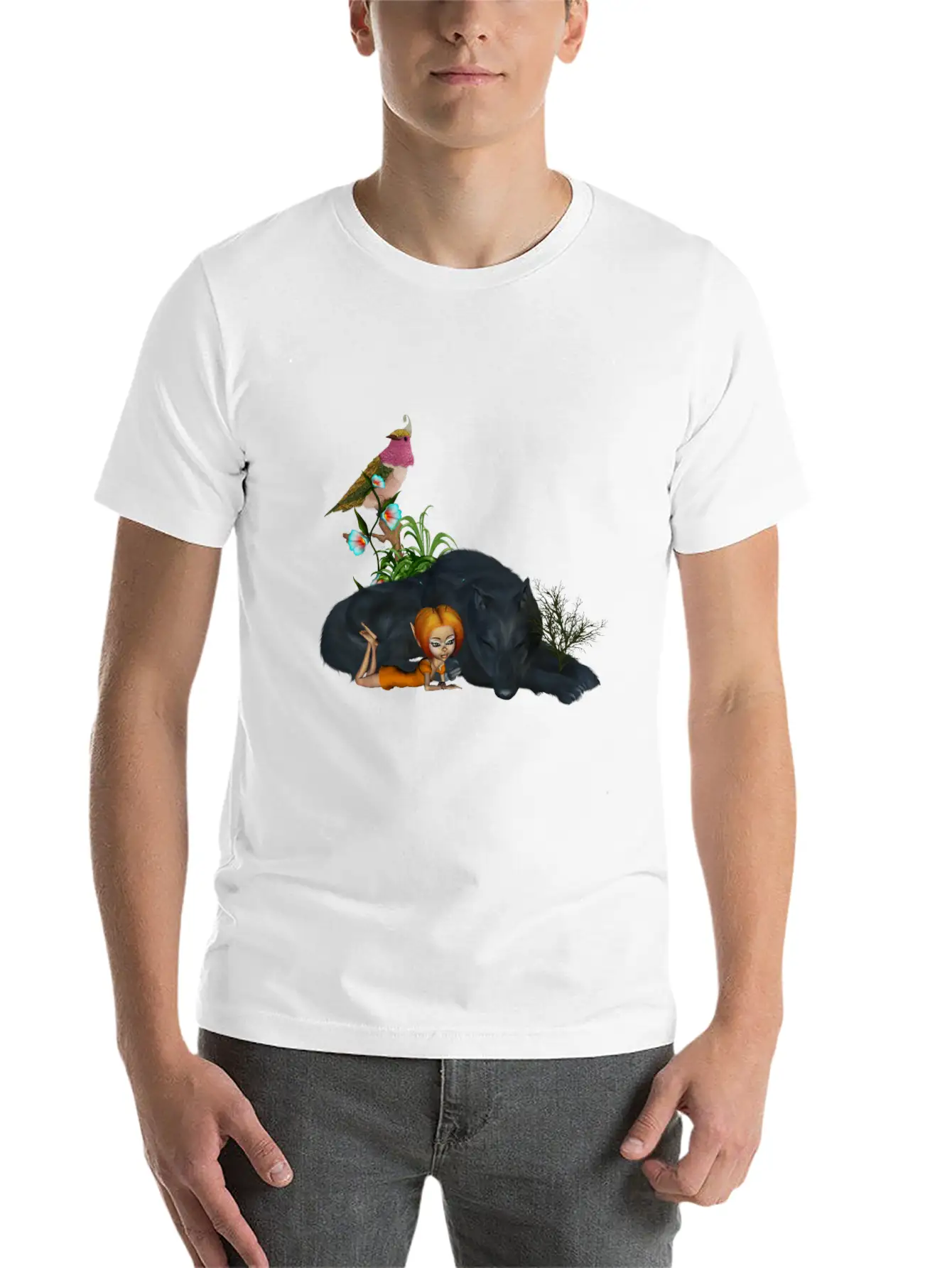 Cute Fairy With Awesome Black Wolf Unisex Short Sleeve Soft Cotton T-Shirt – Casual Everyday Wear