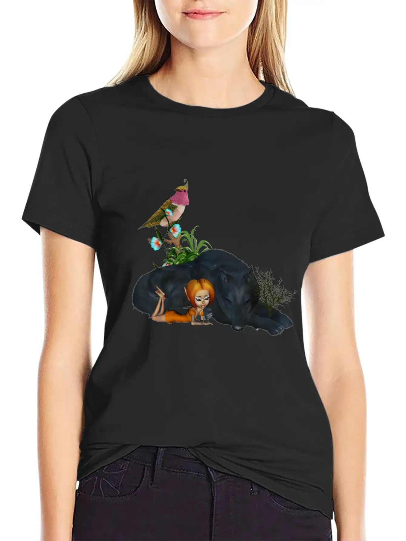 Cute Fairy With Awesome Black Wolf Unisex Short Sleeve Soft Cotton T-Shirt – Casual Everyday Wear