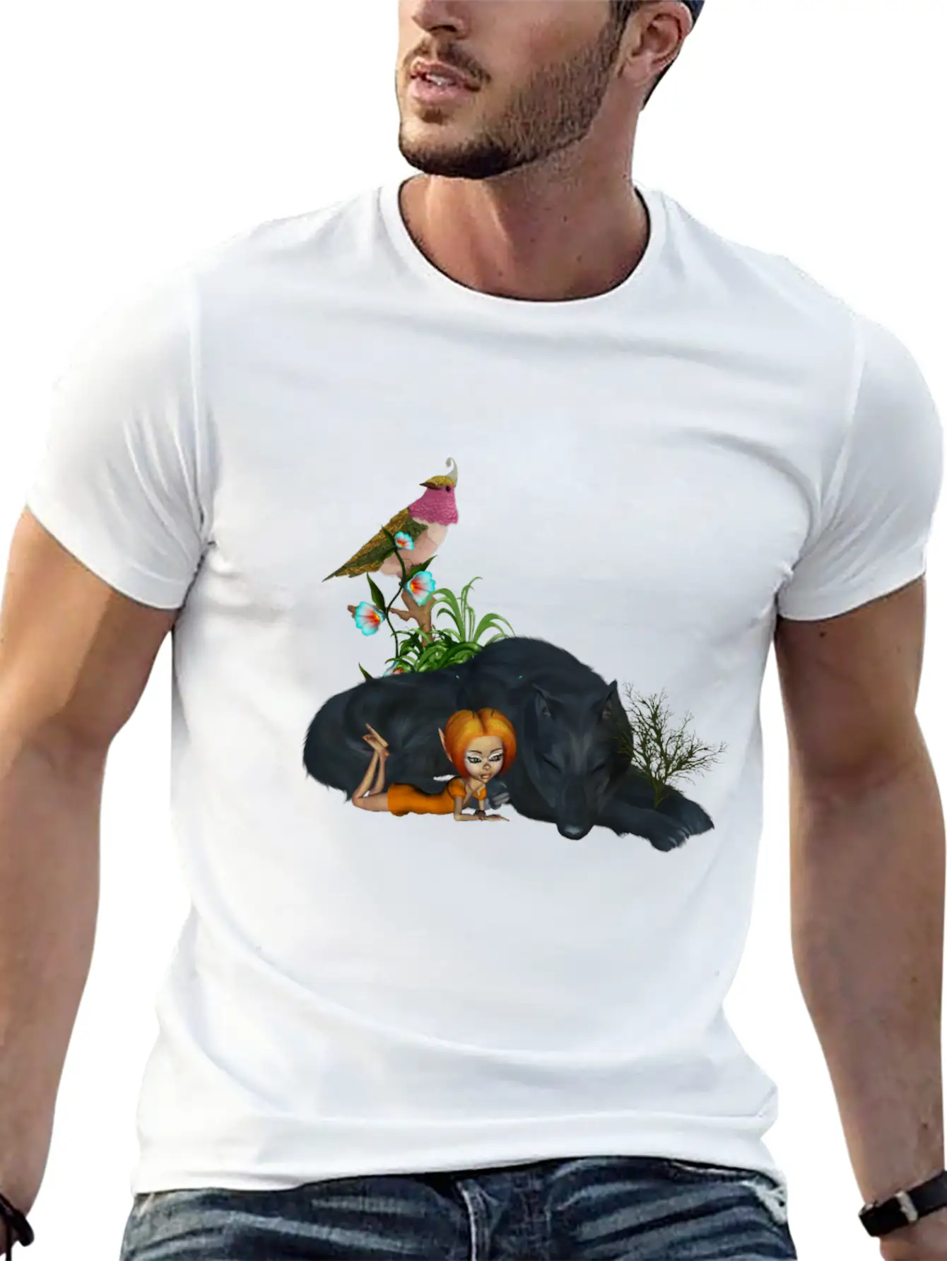 Cute Fairy With Awesome Black Wolf Unisex Short Sleeve Soft Cotton T-Shirt – Casual Everyday Wear