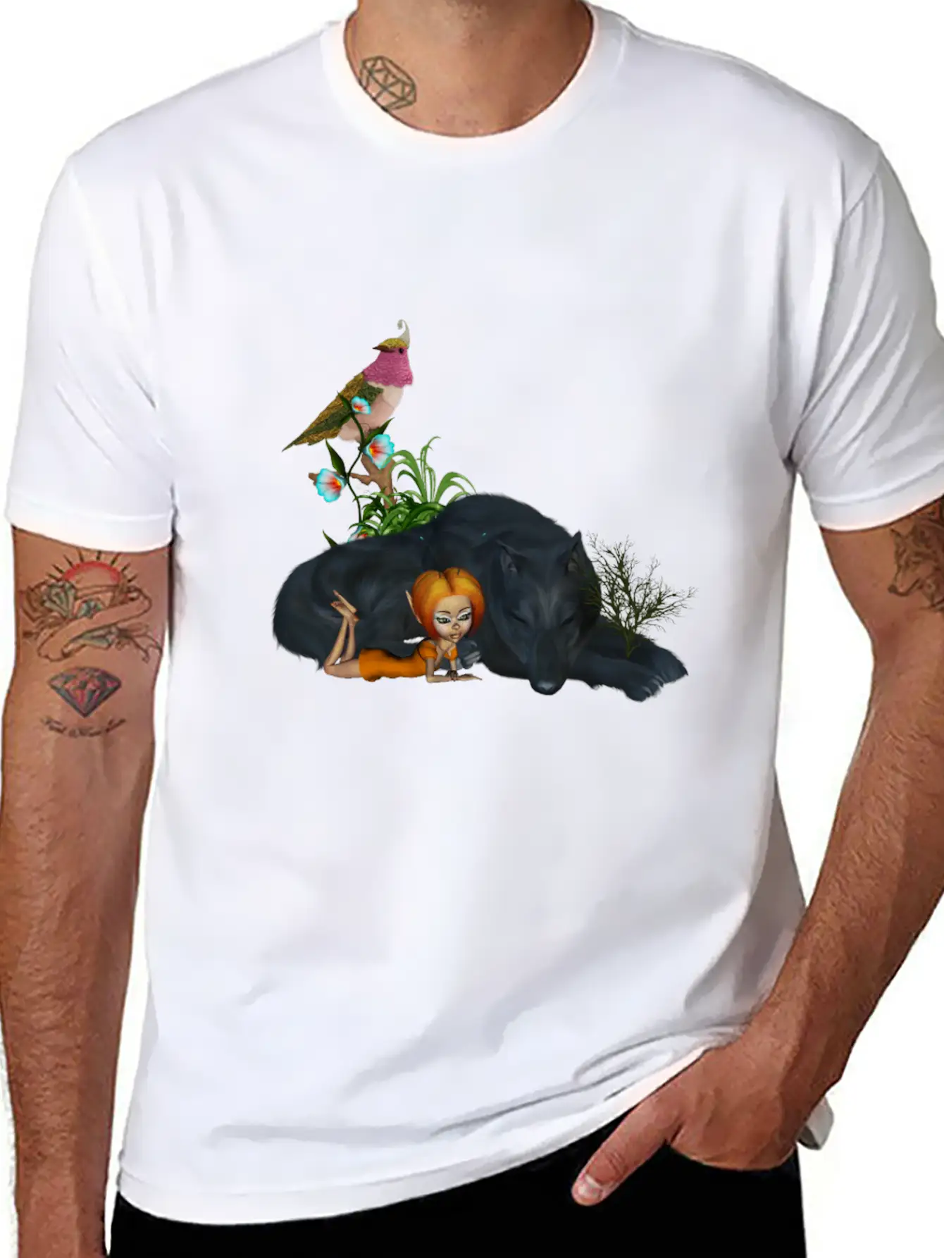 Cute Fairy With Awesome Black Wolf Unisex Short Sleeve Soft Cotton T-Shirt – Casual Everyday Wear