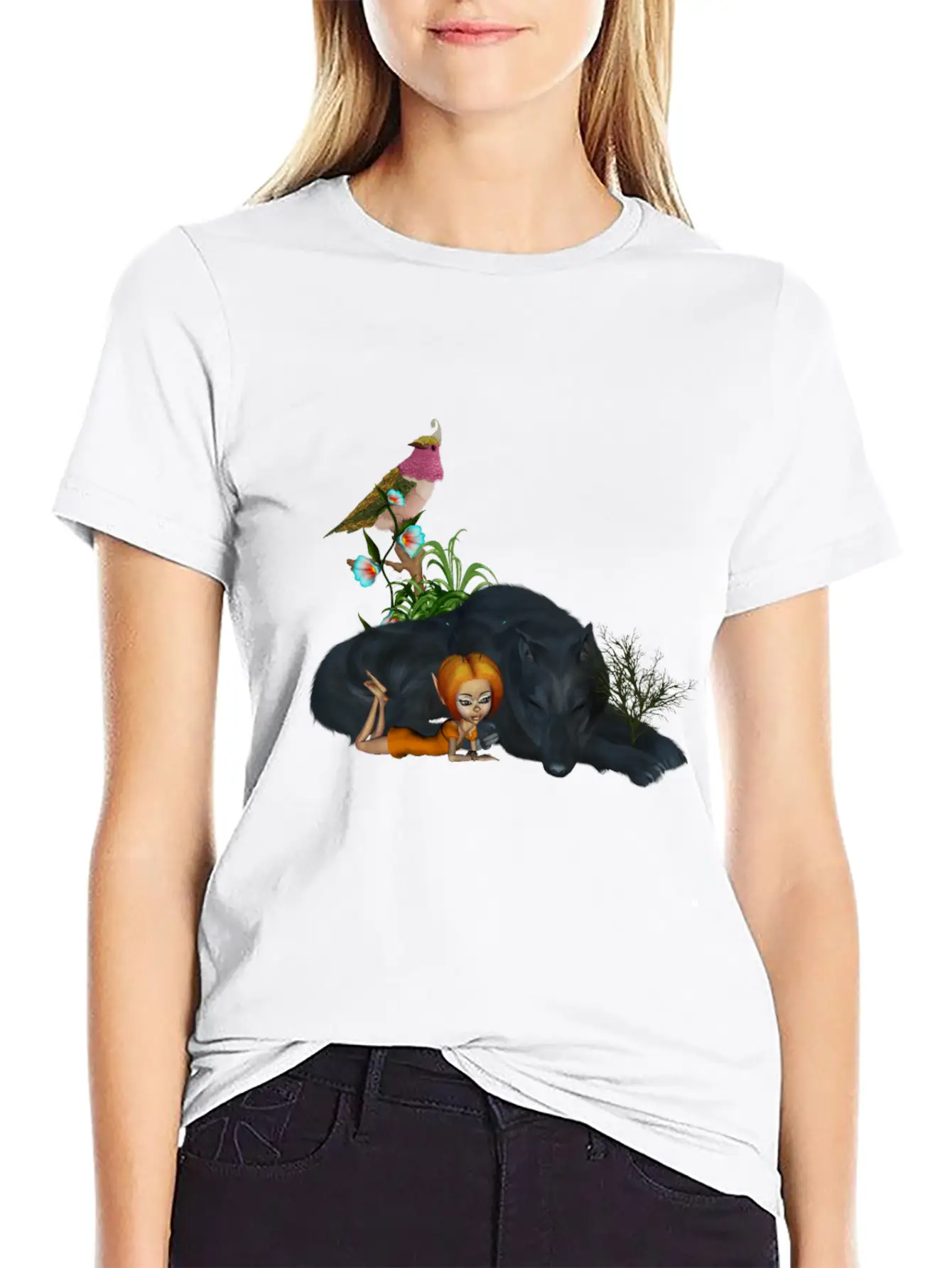 Cute Fairy With Awesome Black Wolf Unisex Short Sleeve Soft Cotton T-Shirt – Casual Everyday Wear