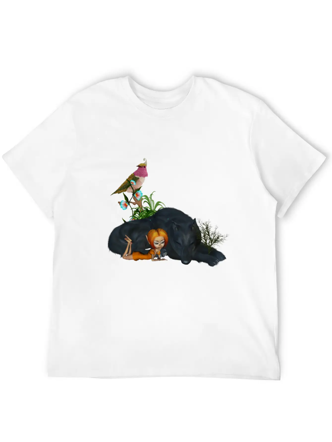 Cute Fairy With Awesome Black Wolf Unisex Short Sleeve Soft Cotton T-Shirt – Casual Everyday Wear