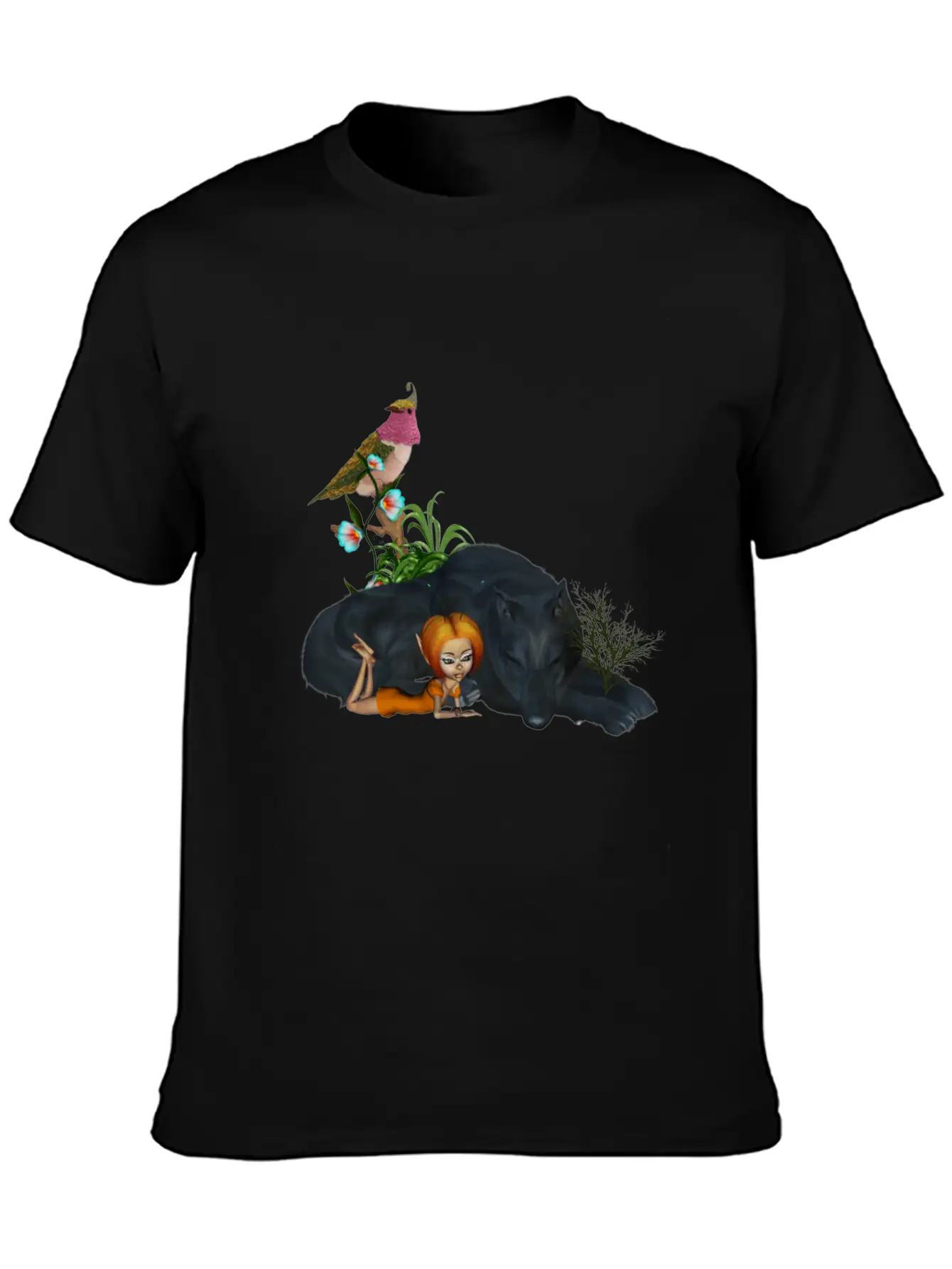 Cute Fairy With Awesome Black Wolf Unisex Short Sleeve Soft Cotton T-Shirt – Casual Everyday Wear