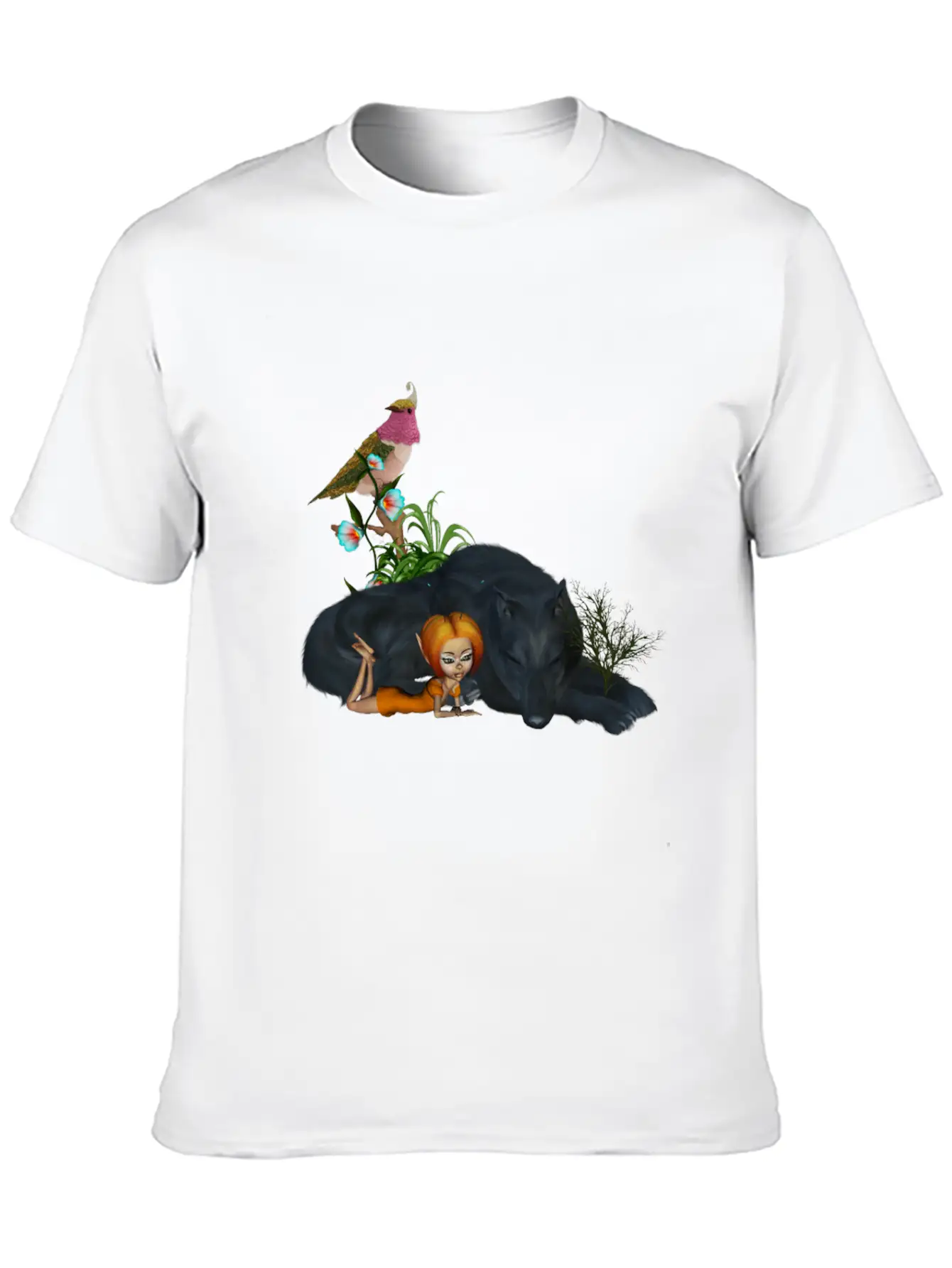 Cute Fairy With Awesome Black Wolf Unisex Short Sleeve Soft Cotton T-Shirt – Casual Everyday Wear