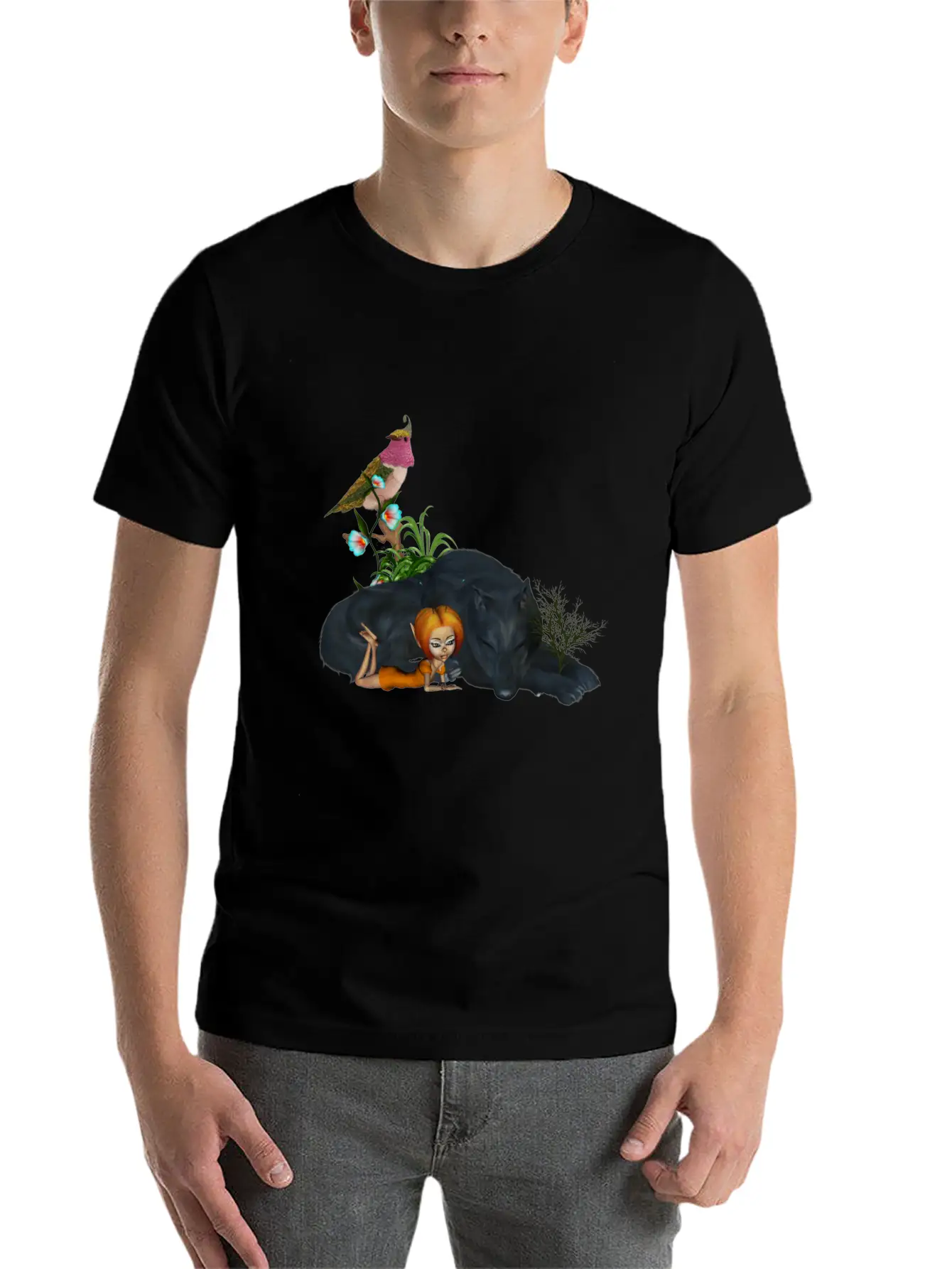 Cute Fairy With Awesome Black Wolf Unisex Short Sleeve Soft Cotton T-Shirt – Casual Everyday Wear