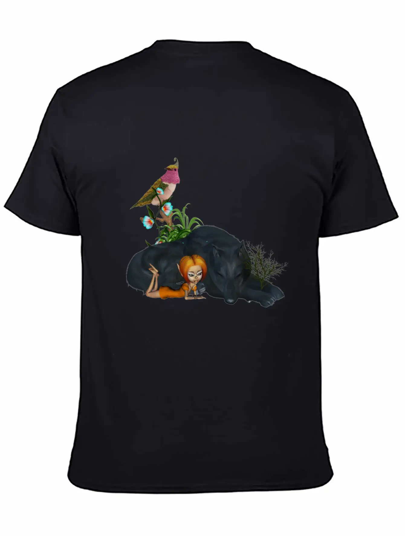 Cute Fairy With Awesome Black Wolf Unisex Short Sleeve Soft Cotton T-Shirt – Casual Everyday Wear