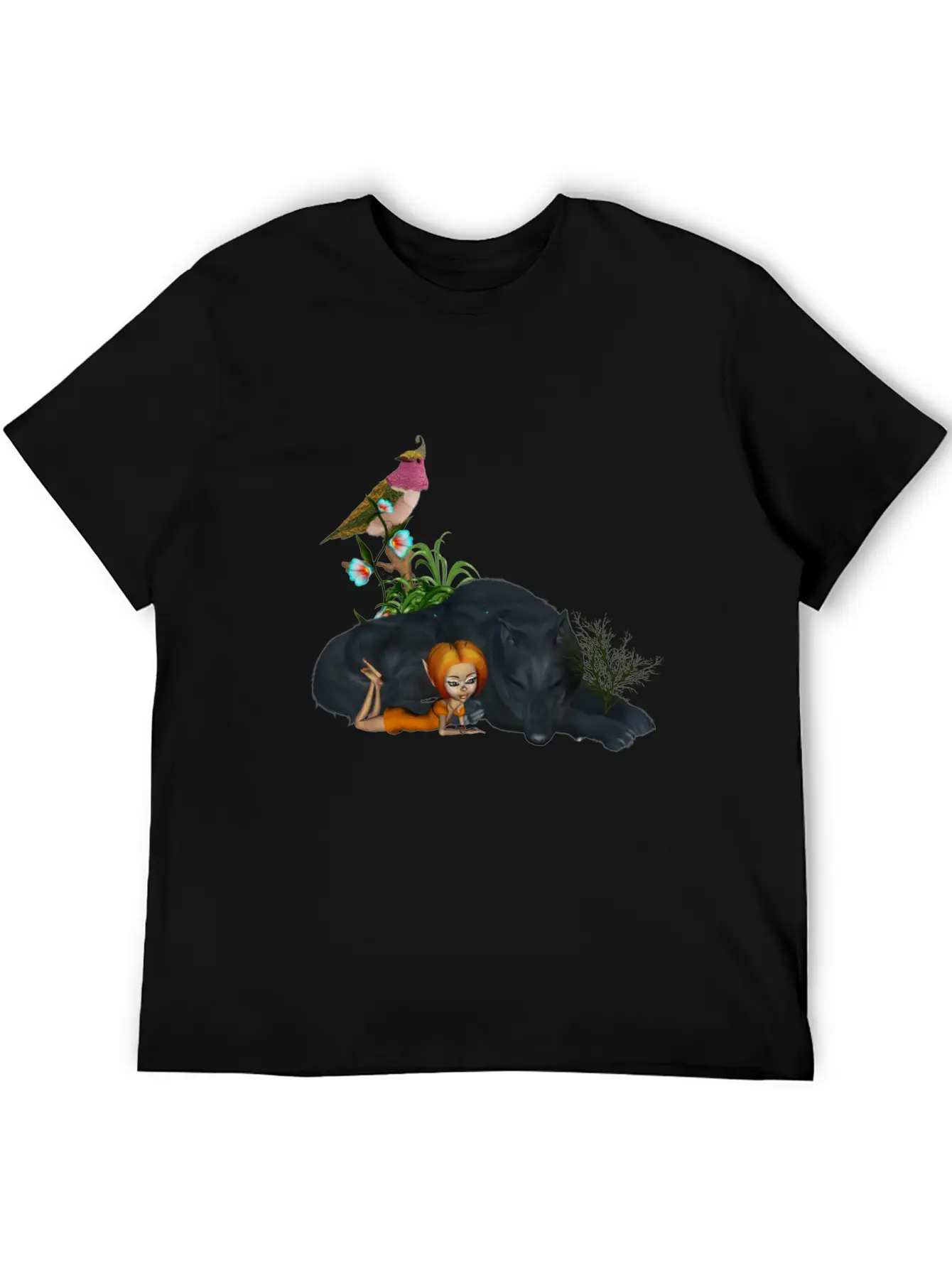 Cute Fairy With Awesome Black Wolf Unisex Short Sleeve Soft Cotton T-Shirt – Casual Everyday Wear