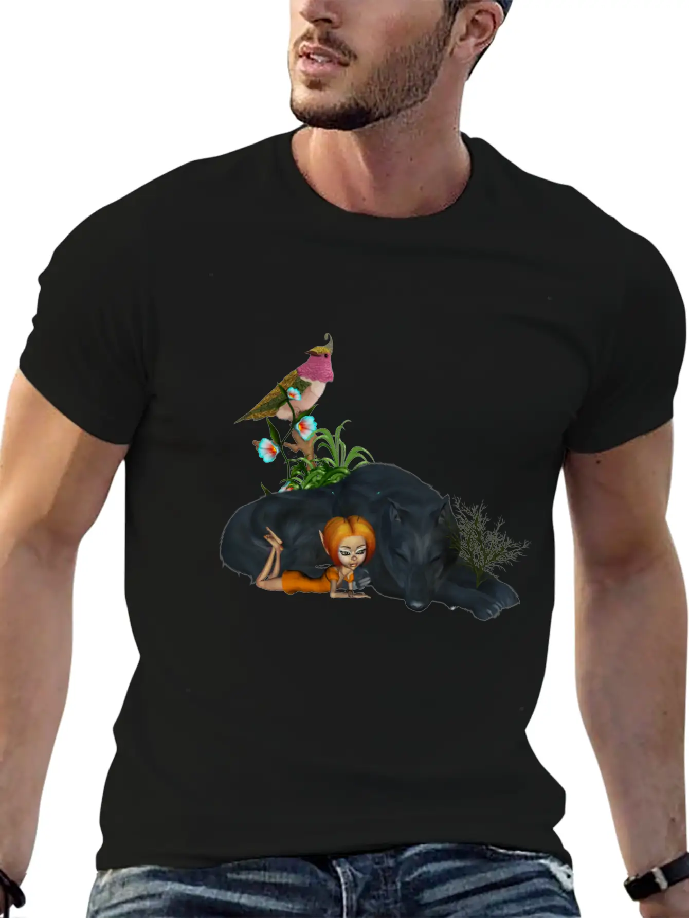 Cute Fairy With Awesome Black Wolf Unisex Short Sleeve Soft Cotton T-Shirt – Casual Everyday Wear